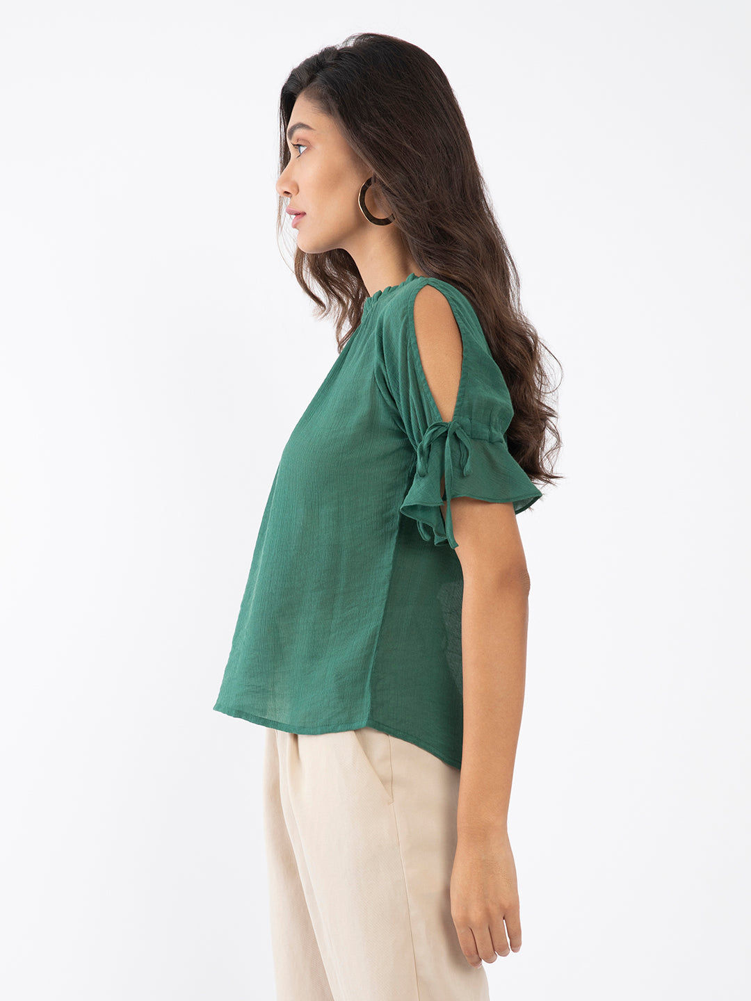 Green Solid Slit Sleeve Top