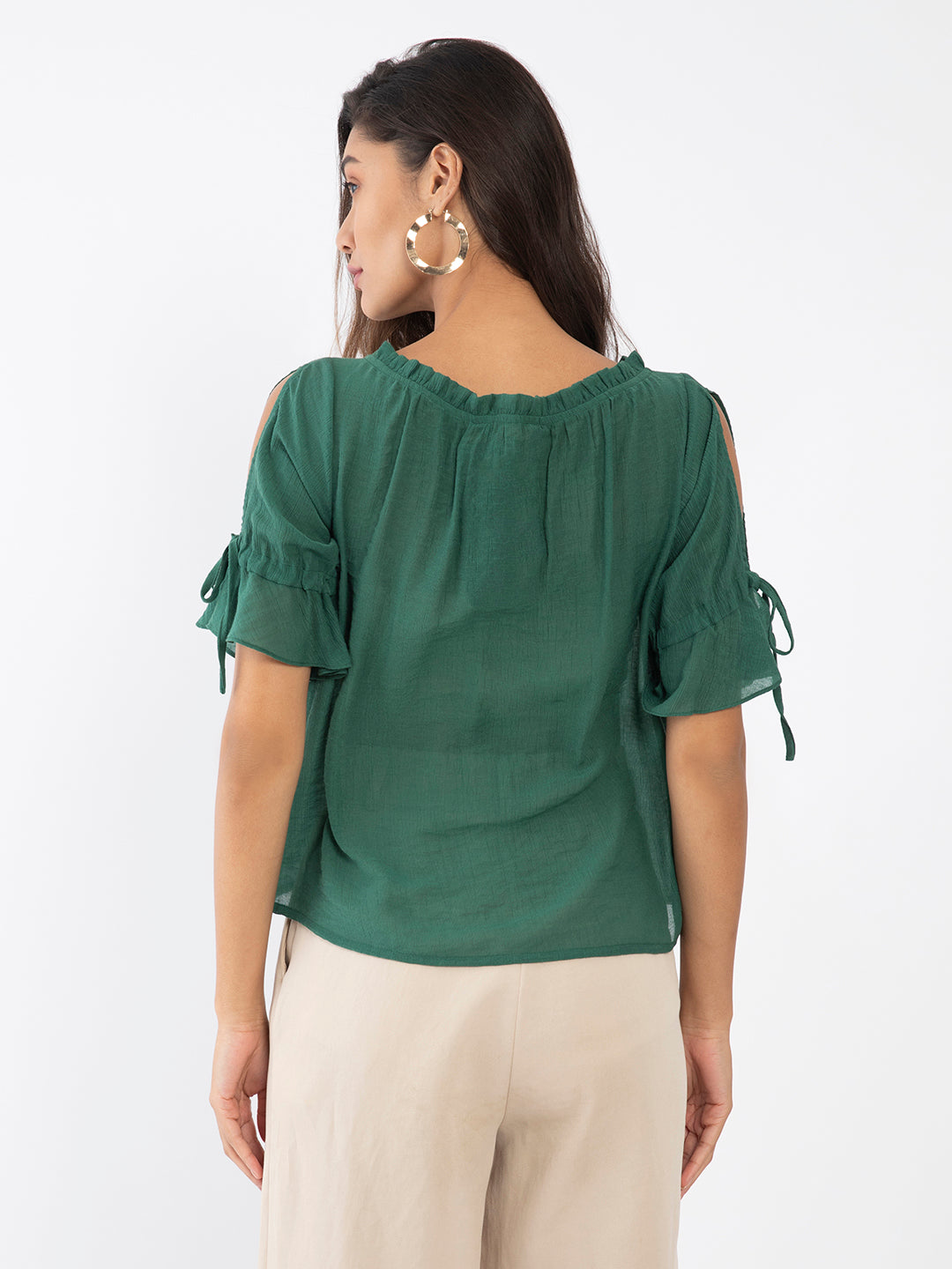 Green Solid Slit Sleeve Top