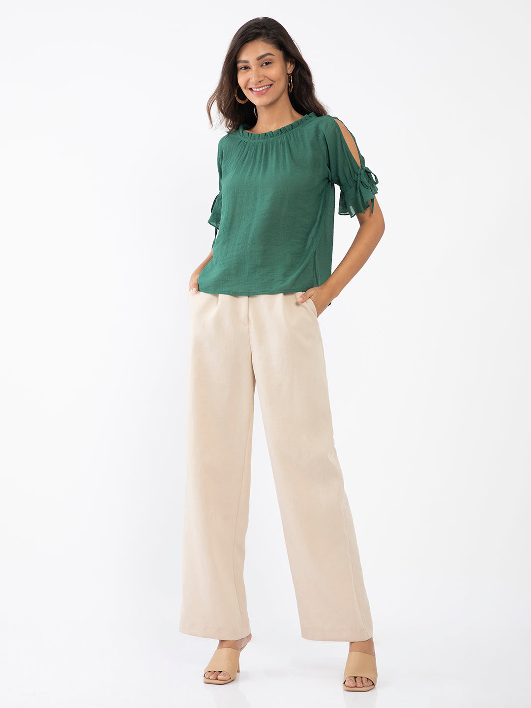 Green Solid Slit Sleeve Top