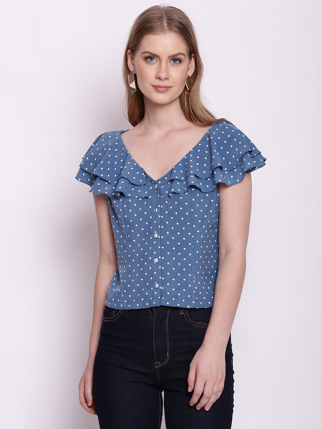 Blue Polka Dots Ruffles Top