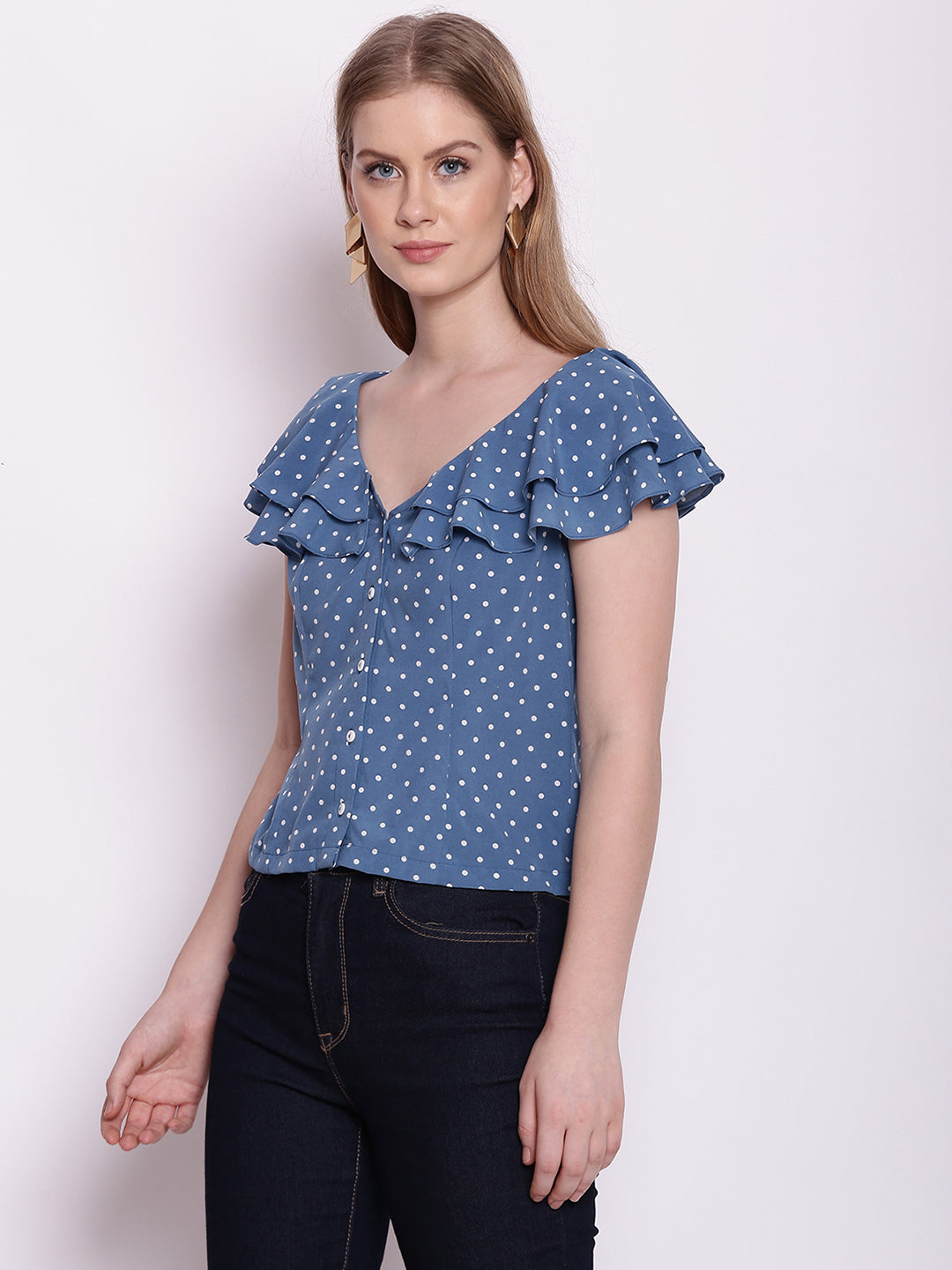 Blue Polka Dots Ruffles Top