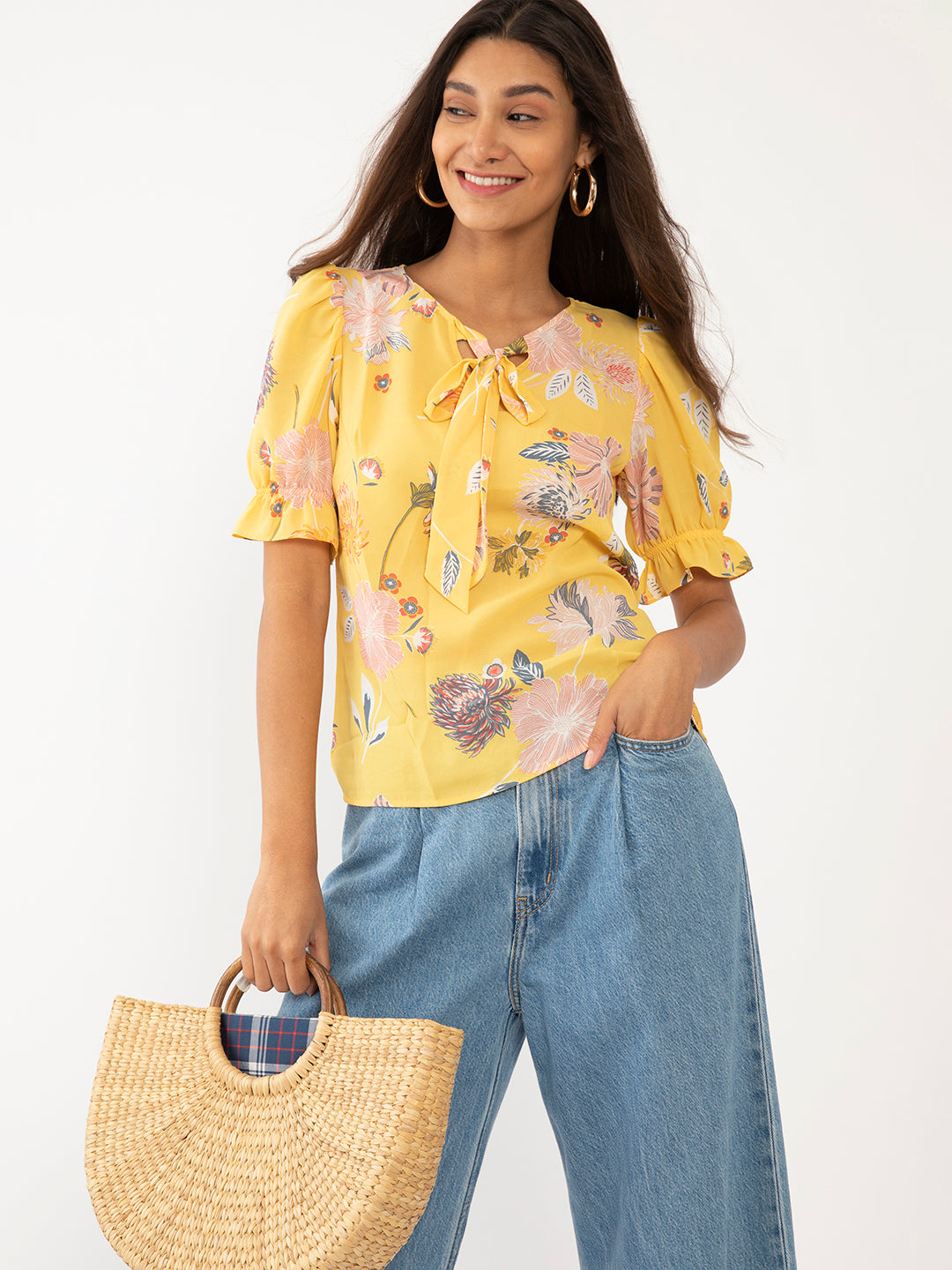 Yellow Floral Print Tie-Up Top