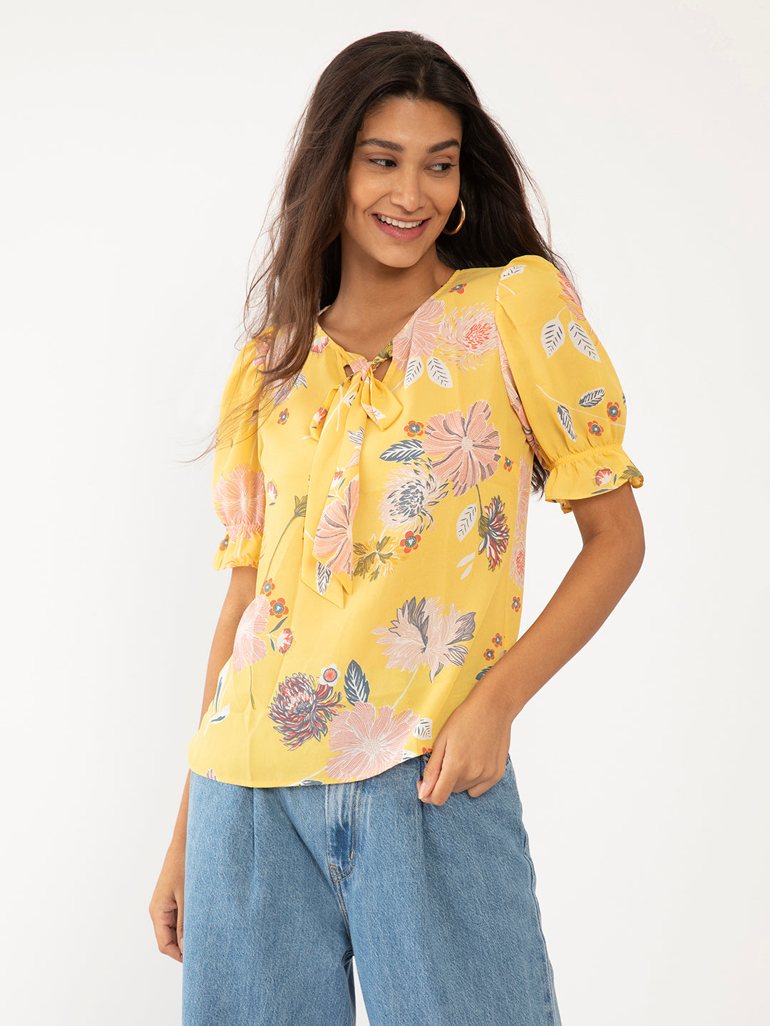 Yellow Floral Print Tie-Up Top