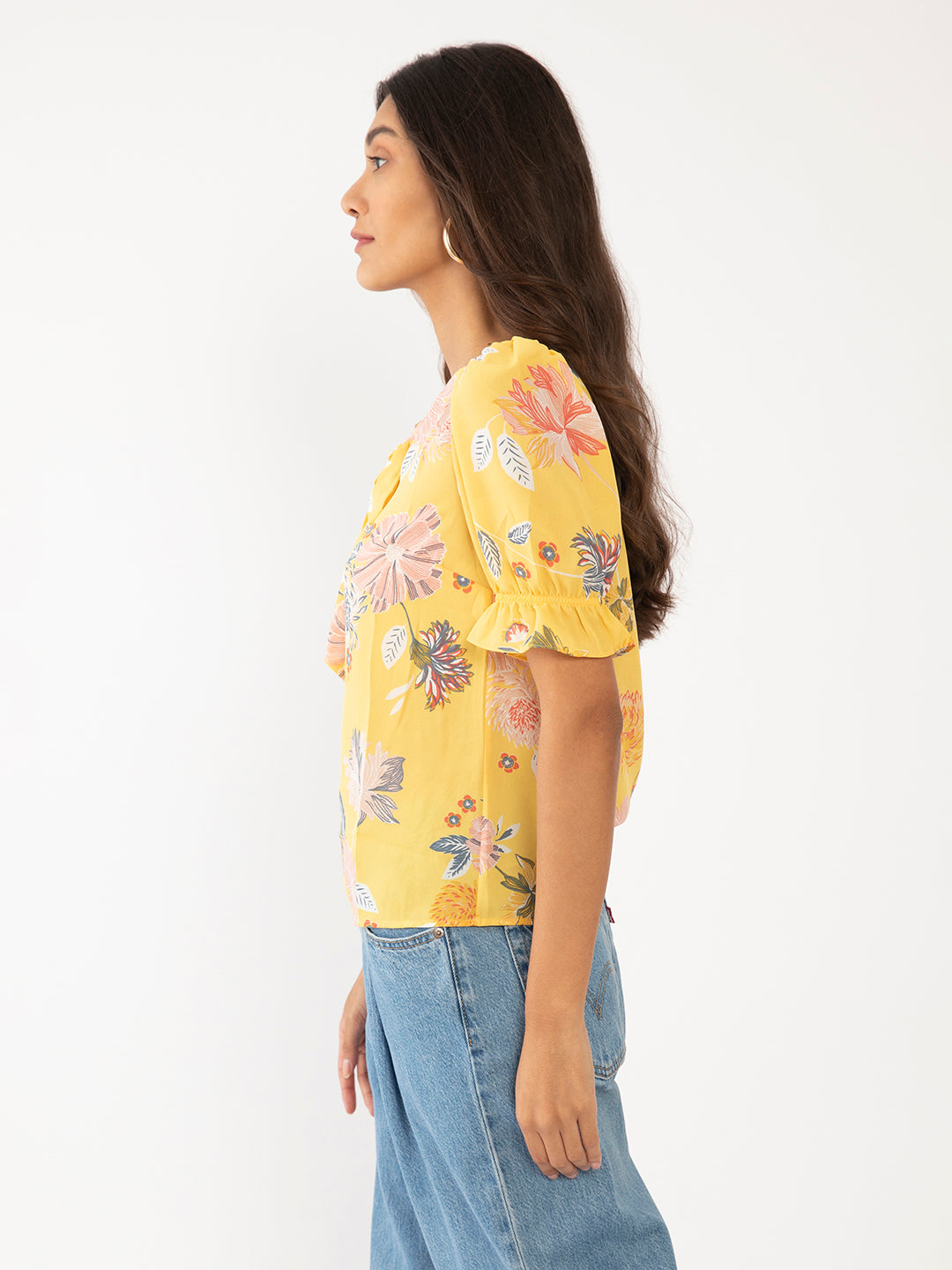 Yellow Floral Print Tie-Up Top