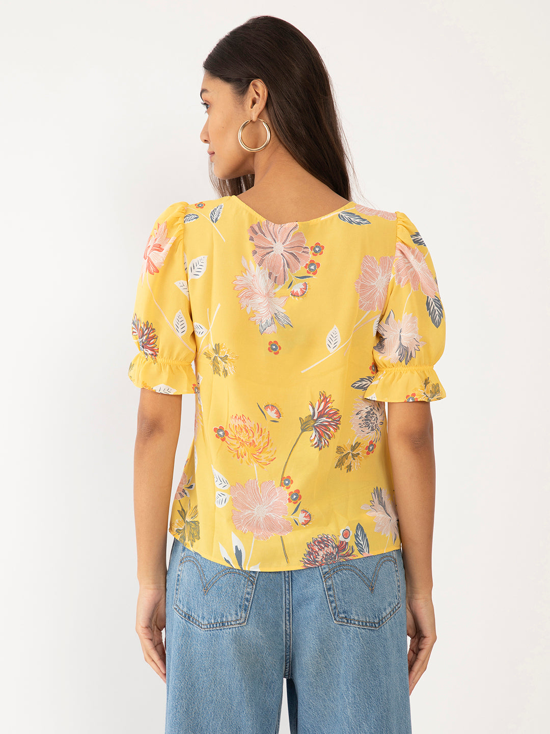 Yellow Floral Print Tie-Up Top