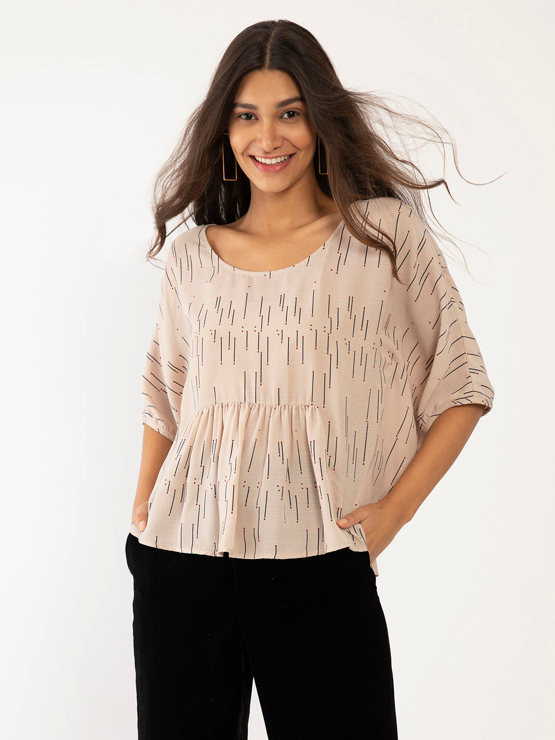 Beige Geometric Print Cape Top