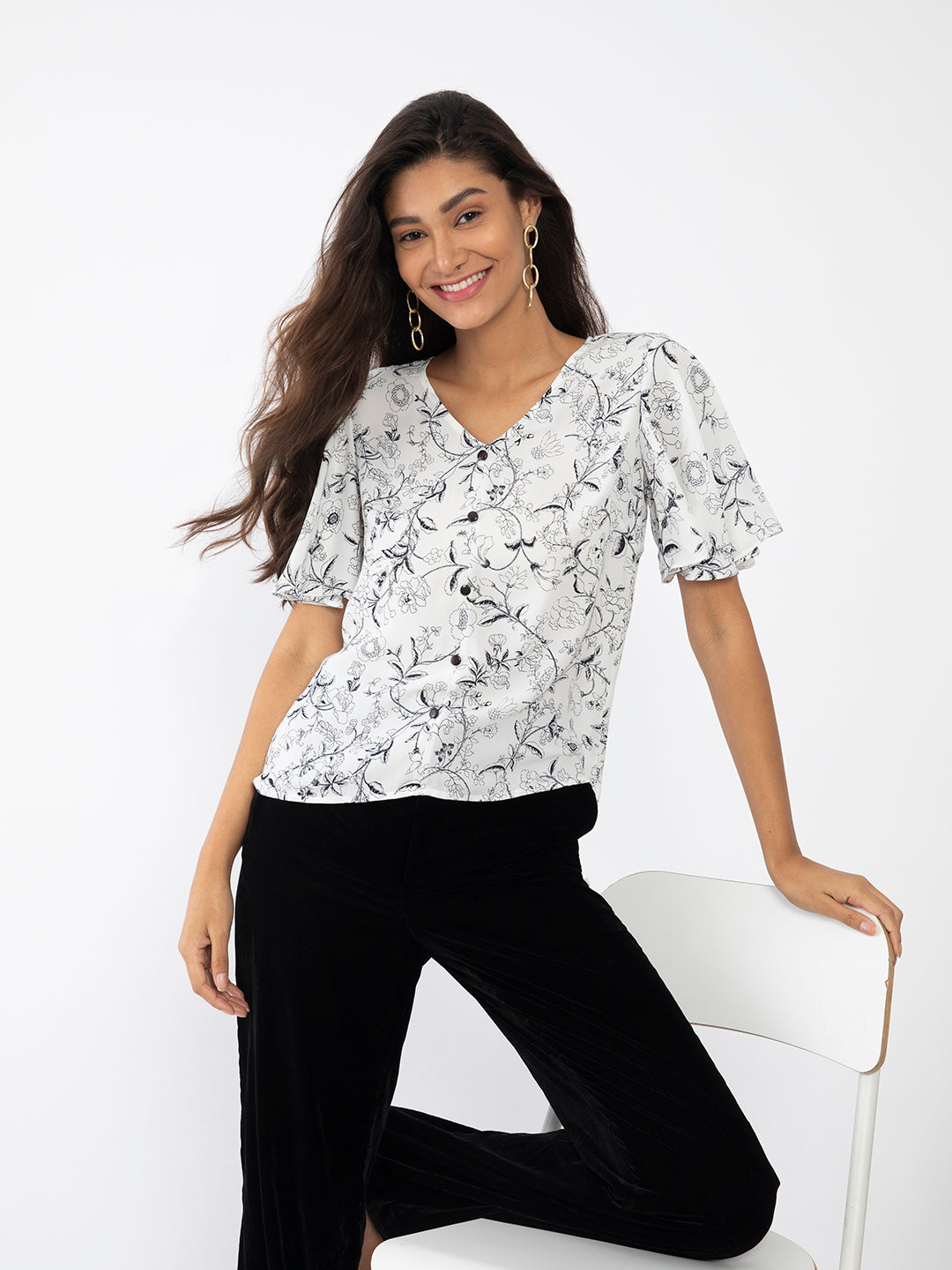 White Floral Print Flared Sleeve Top