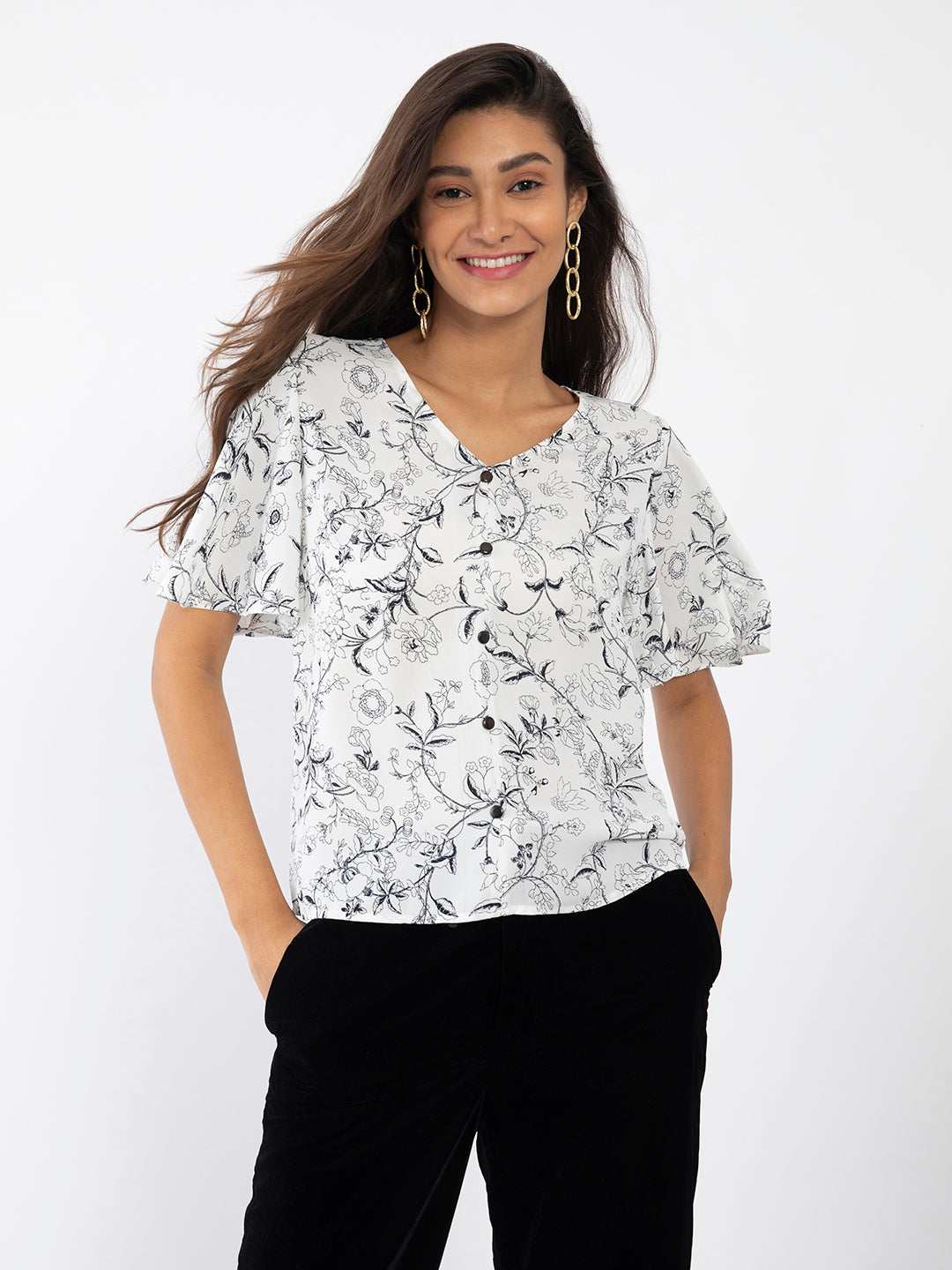 White Floral Print Flared Sleeve Top