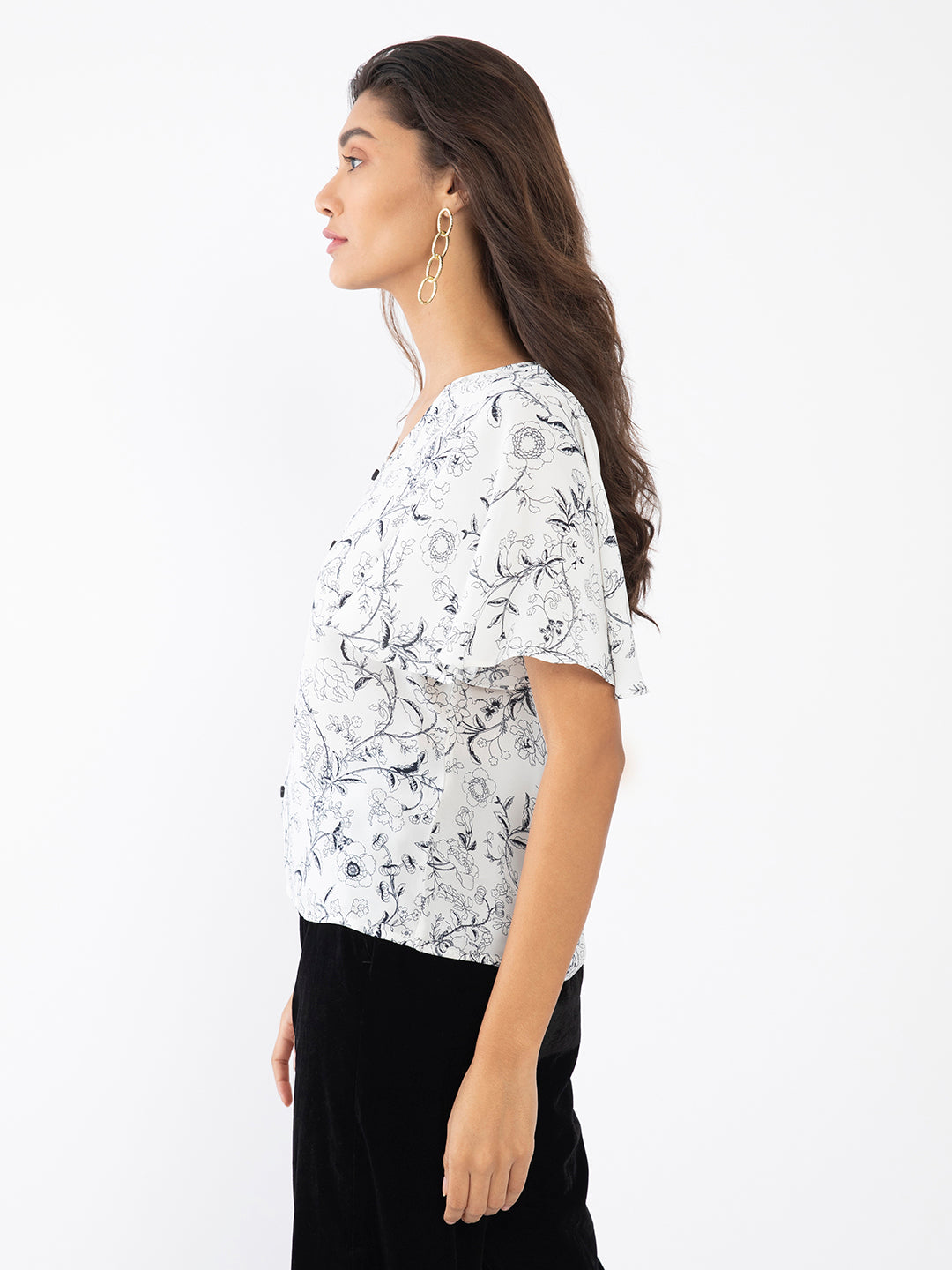 White Floral Print Flared Sleeve Top