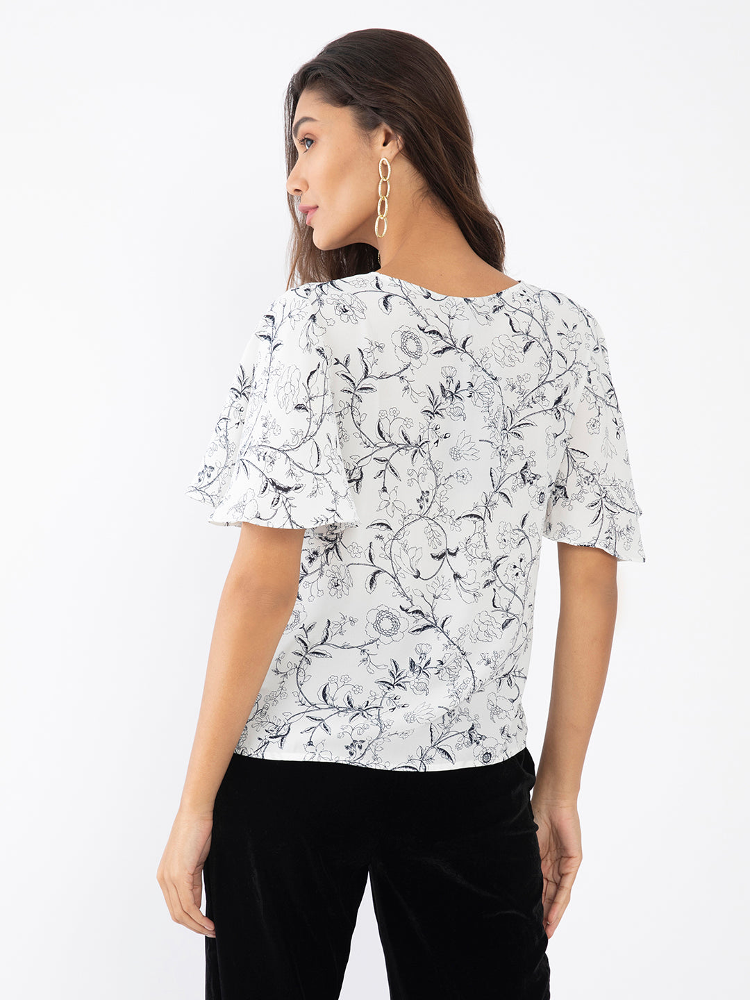 White Floral Print Flared Sleeve Top