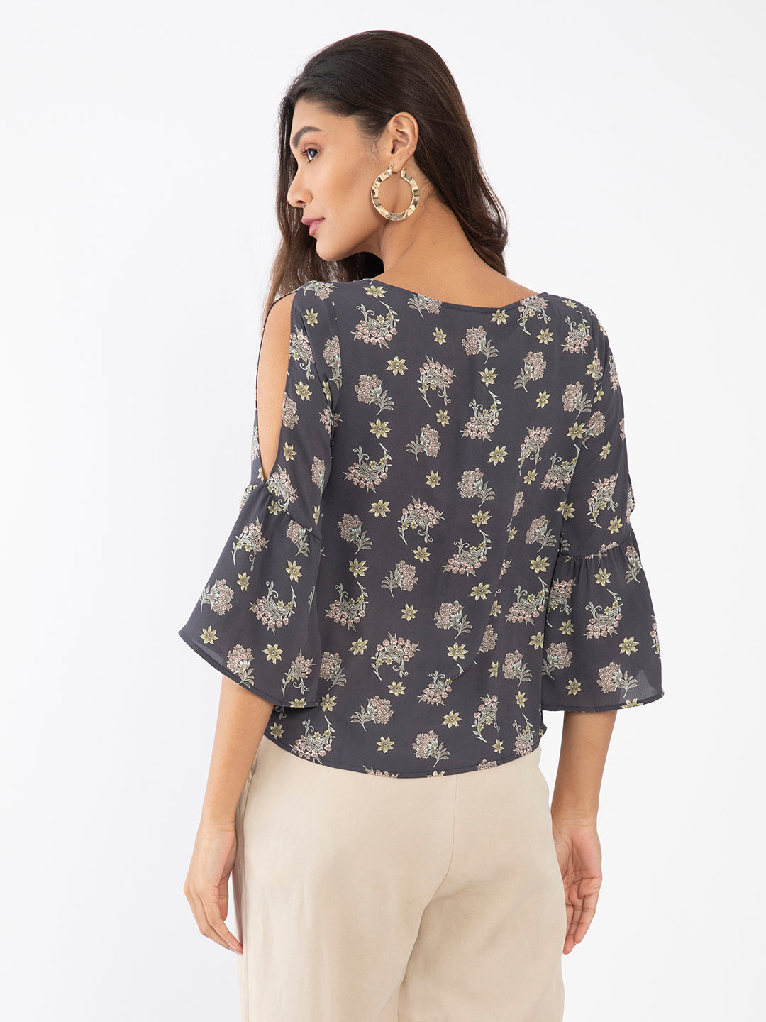 Grey Floral Print Slit Sleeve Top