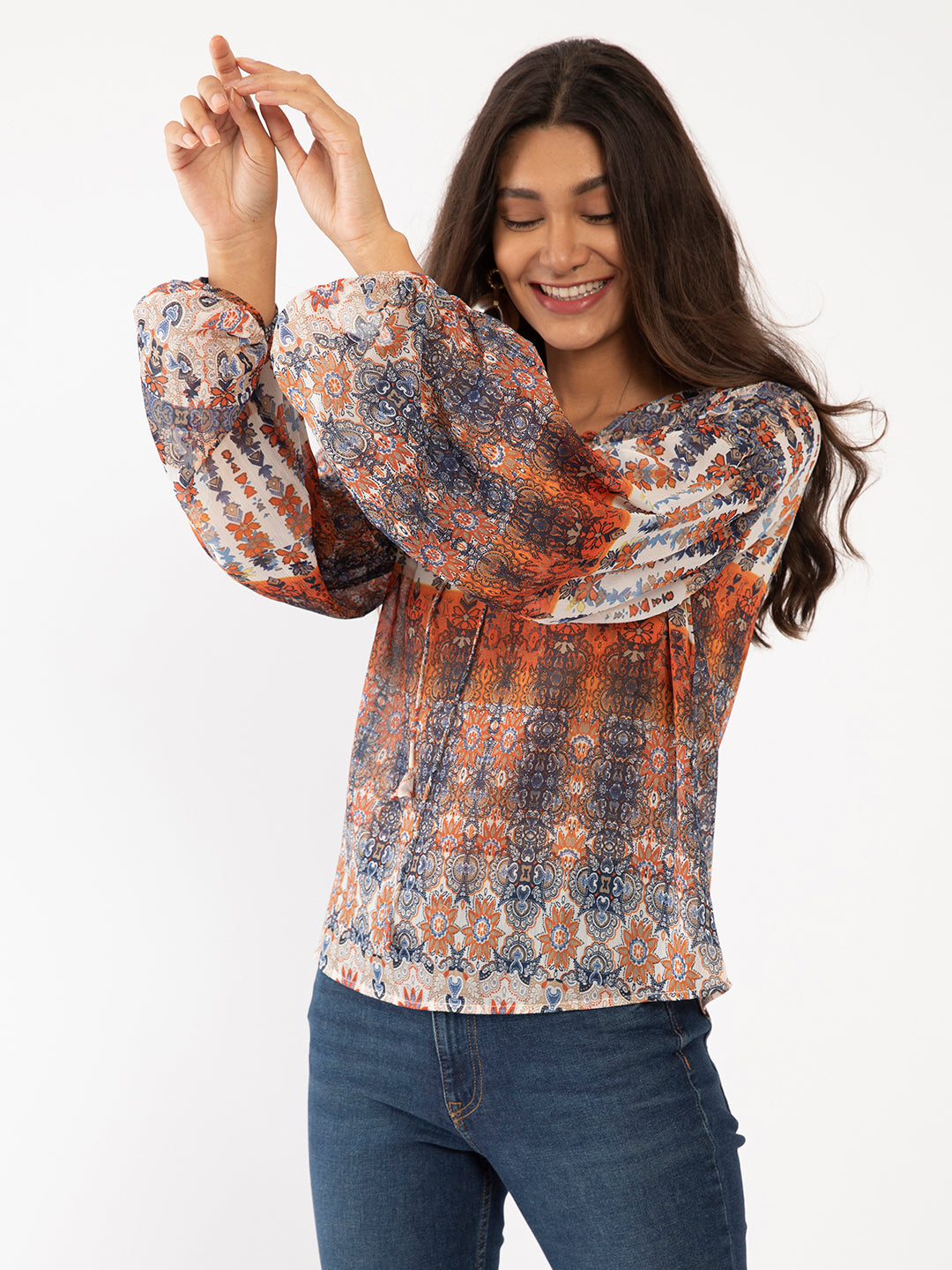 White Geometric Print Top