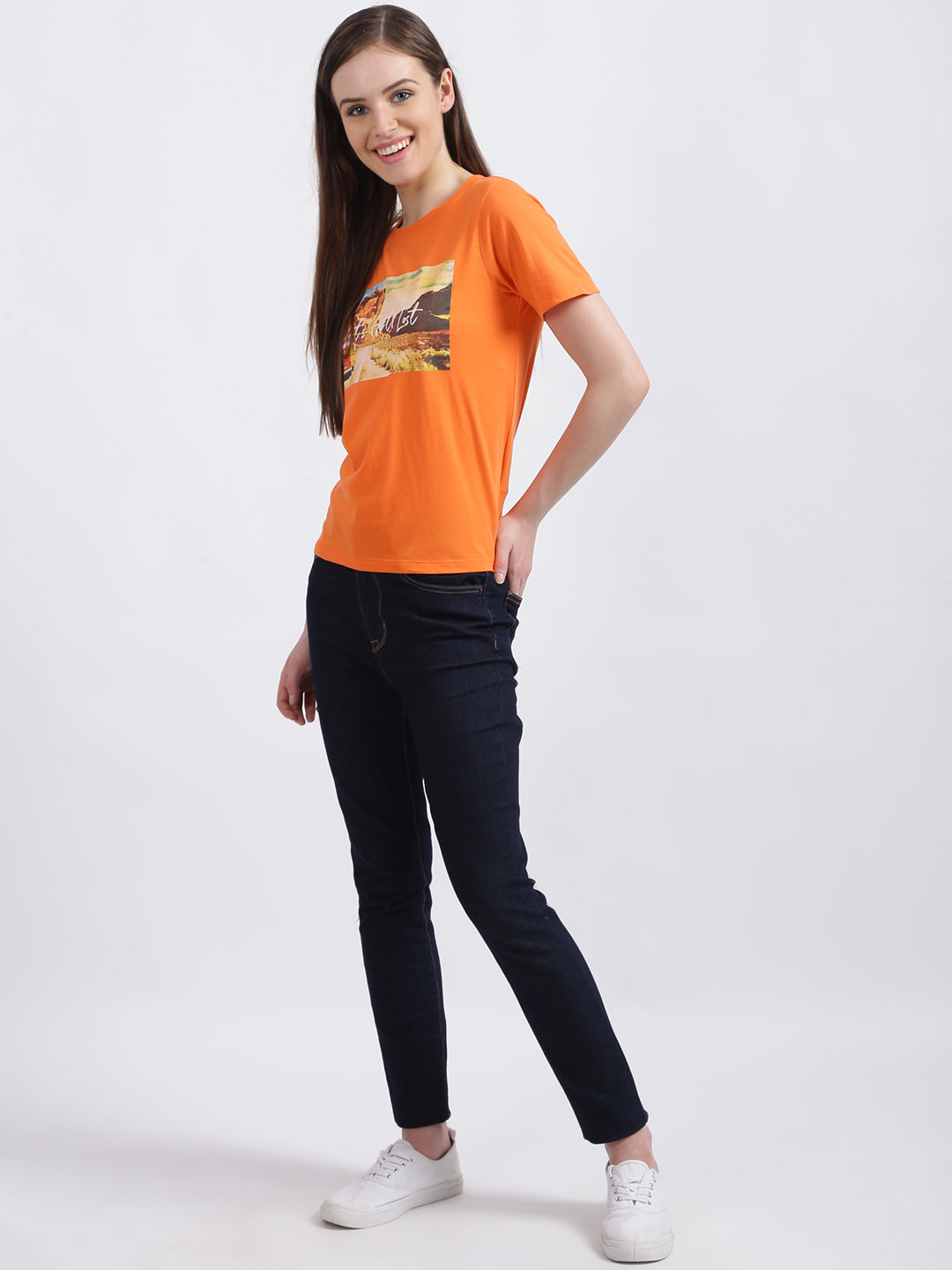 Orange Graphic Regular T-Shirt for Women