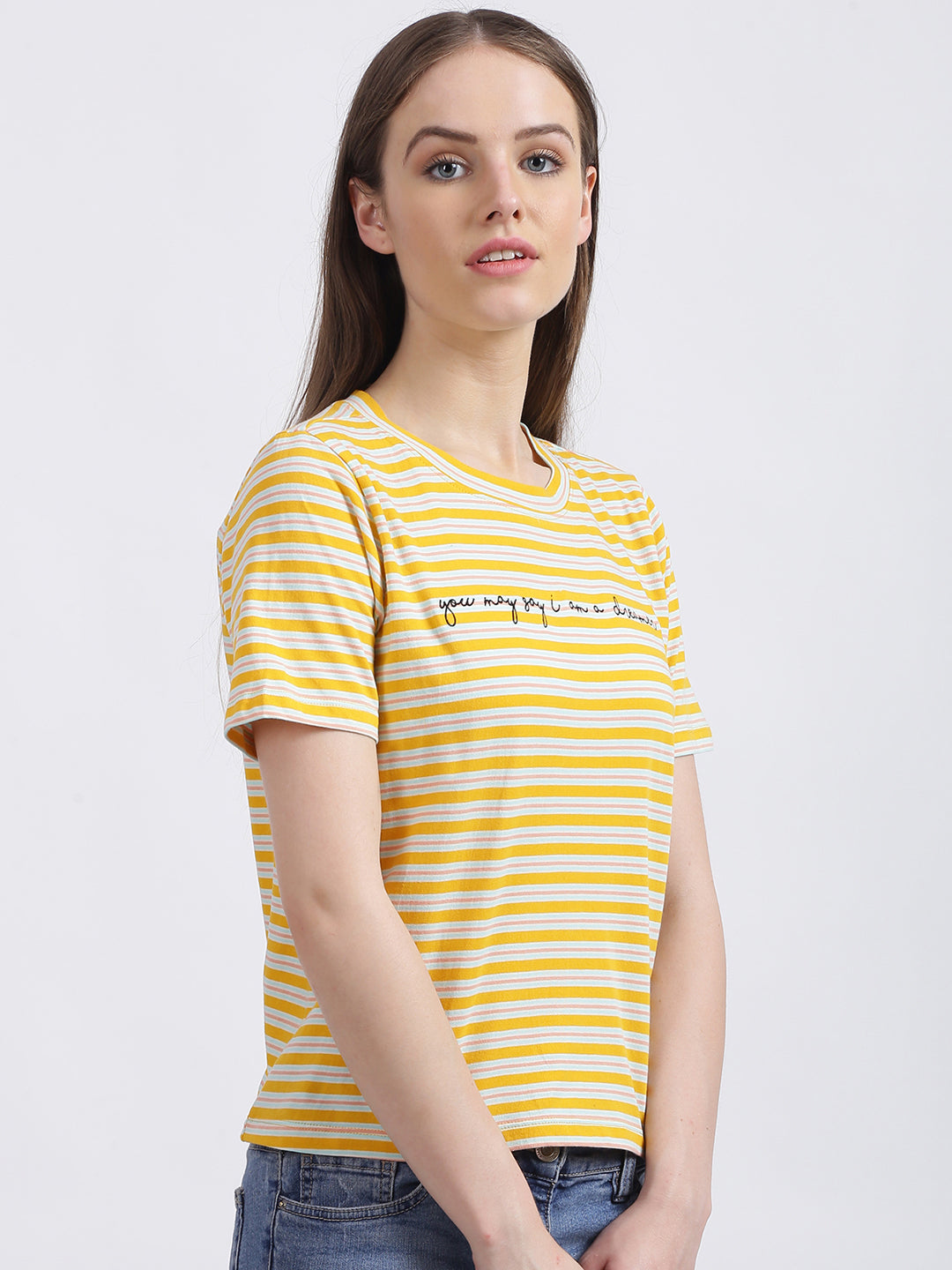 Yellow Striped Regular T-Shirt for Women