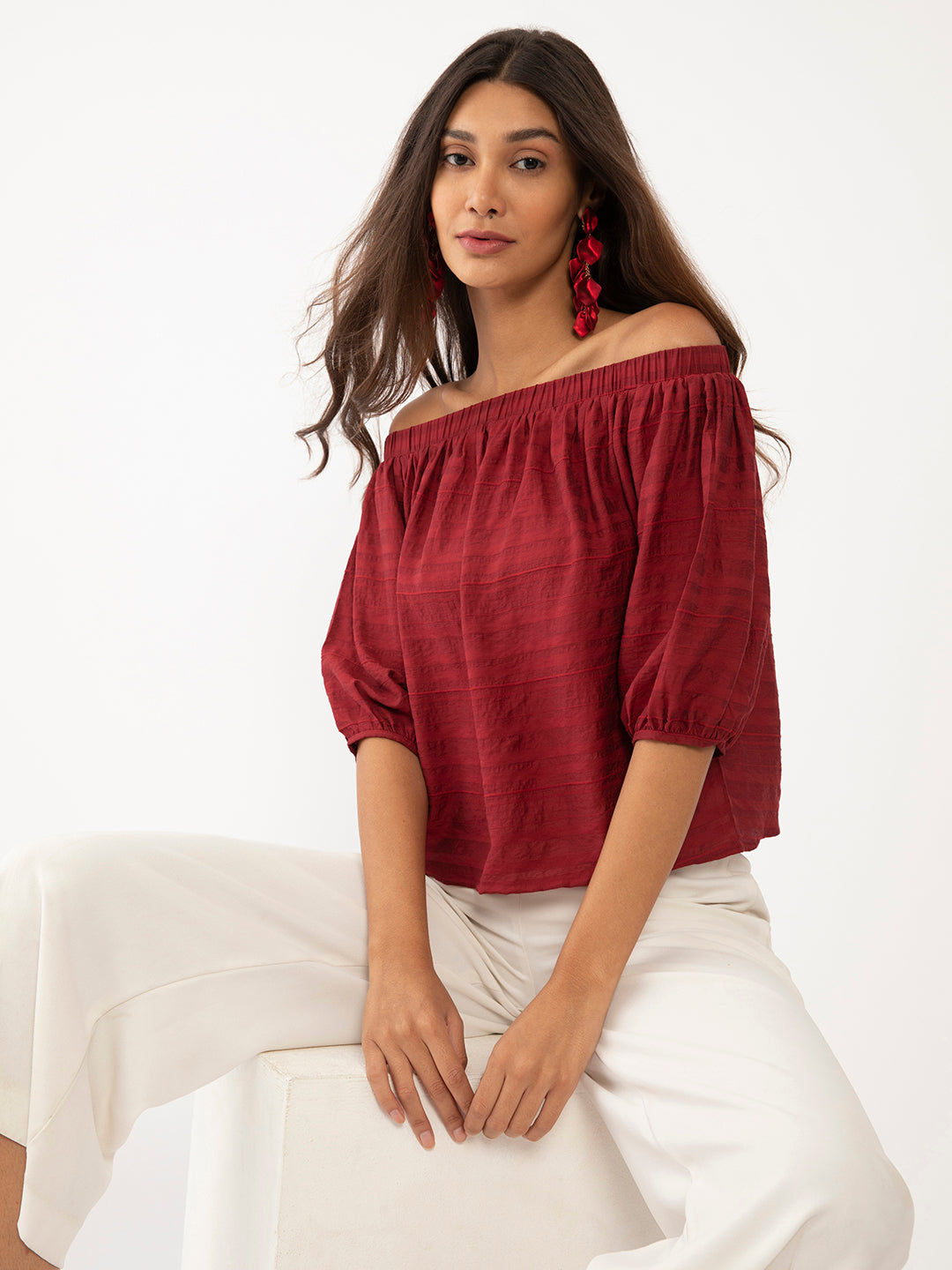 Maroon Textured Off-shoulder Top