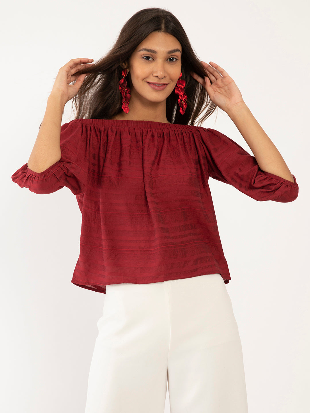 Maroon Textured Off-shoulder Top