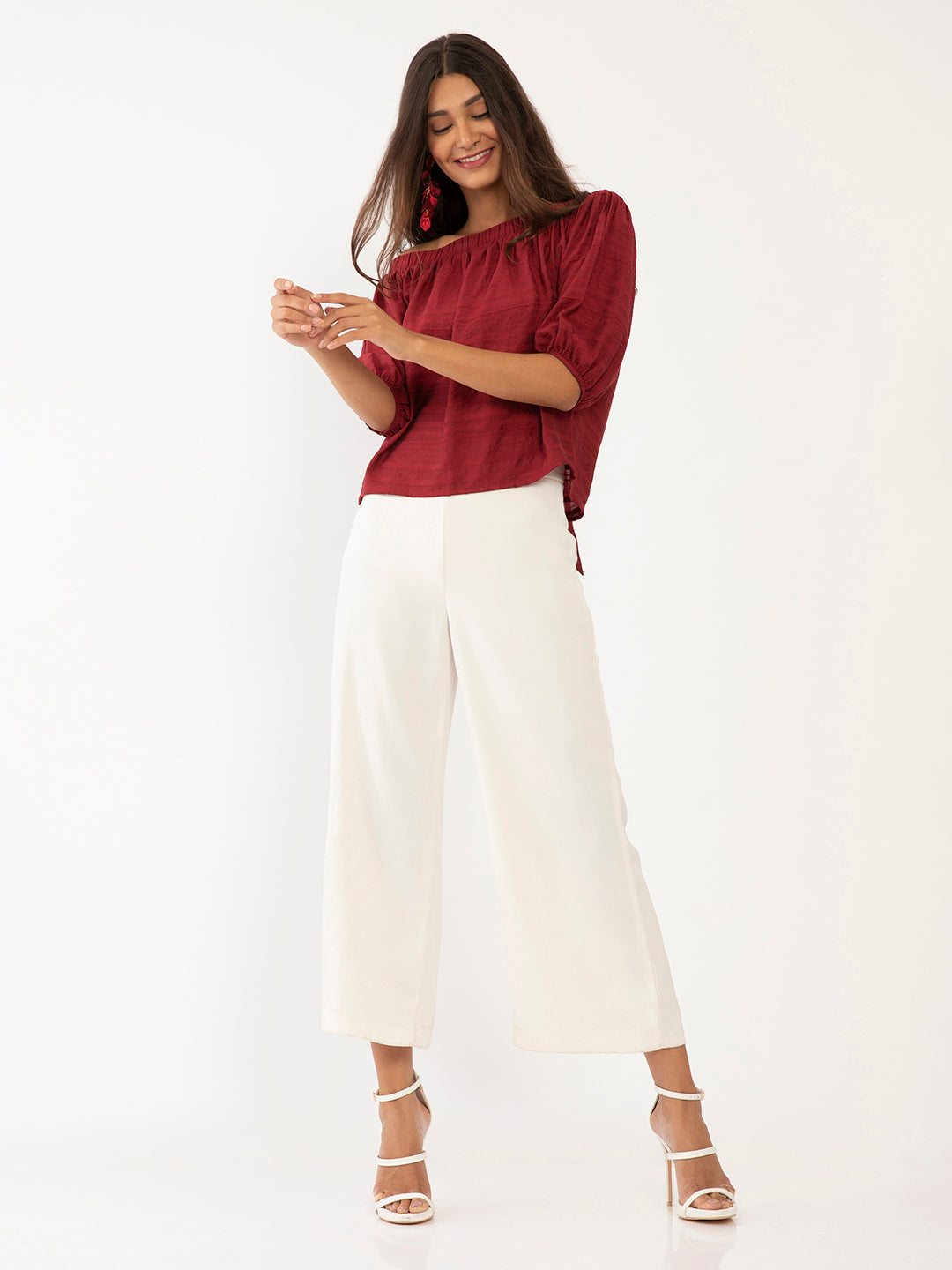 Maroon Textured Off-shoulder Top