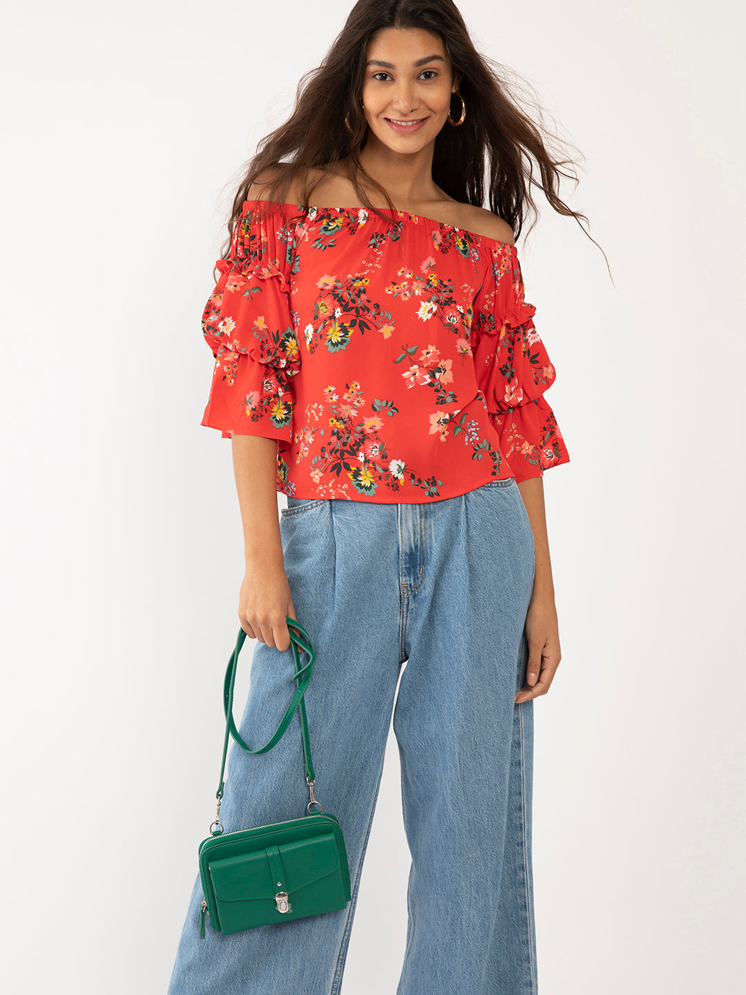 Red Floral Print Off-shoulder Top