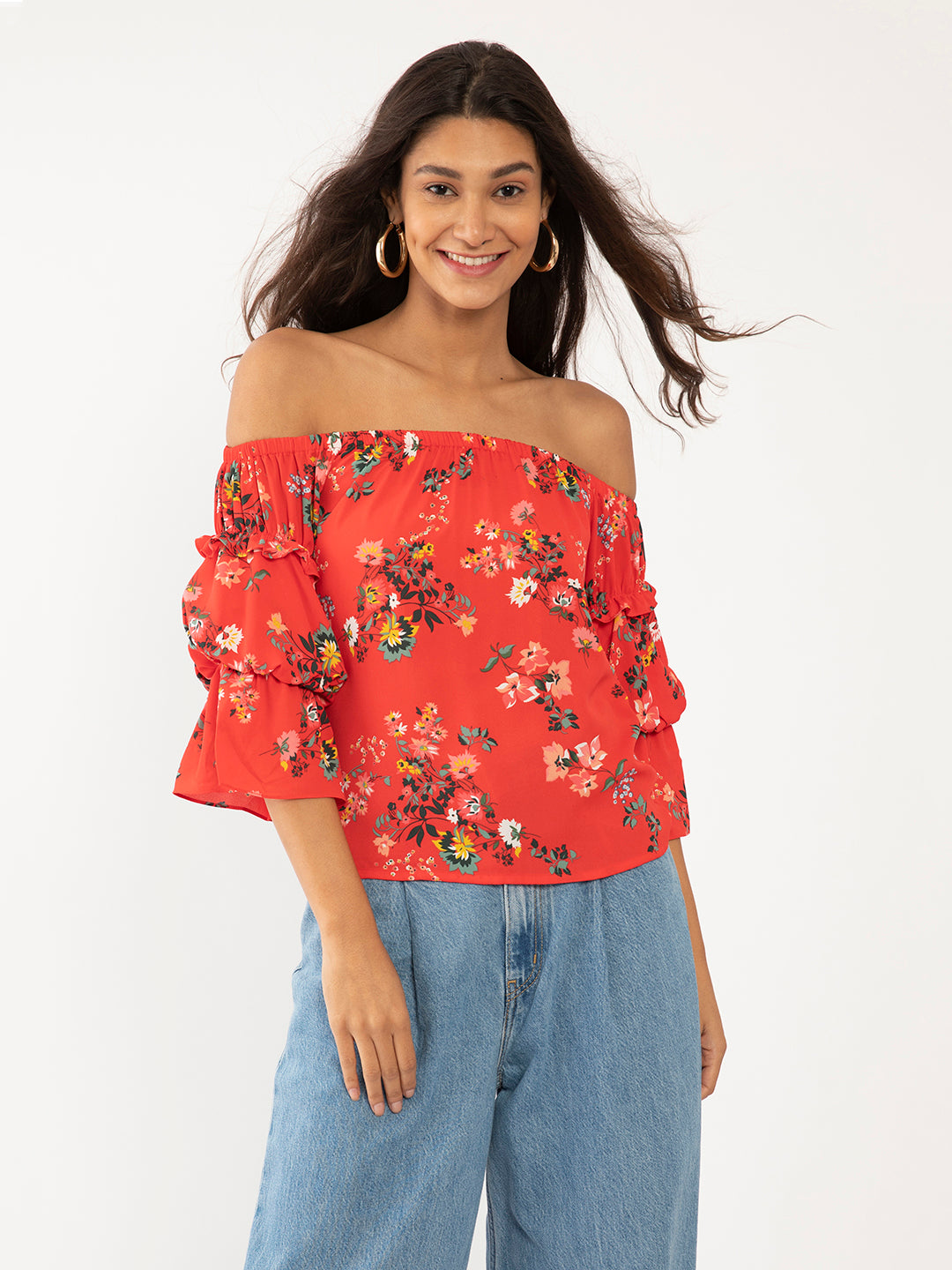 Red Floral Print Off-shoulder Top