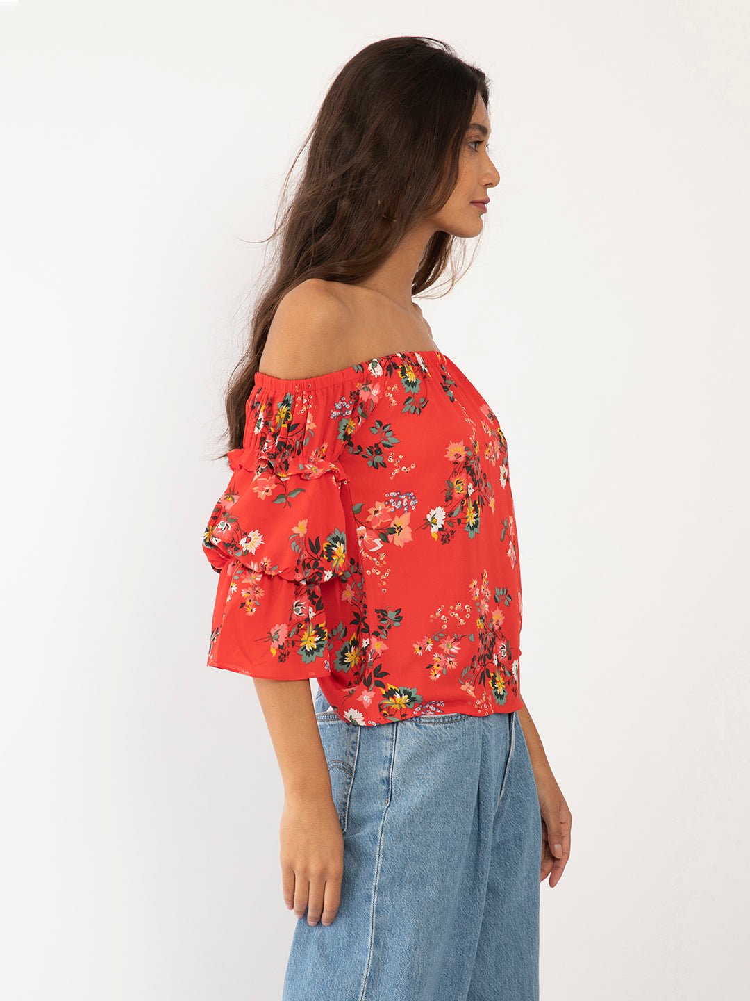 Red Floral Print Off-shoulder Top