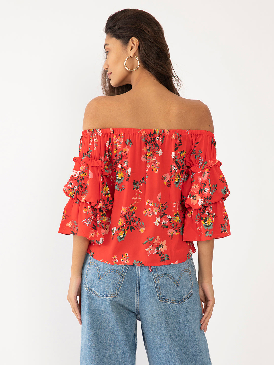 Red Floral Print Off-shoulder Top