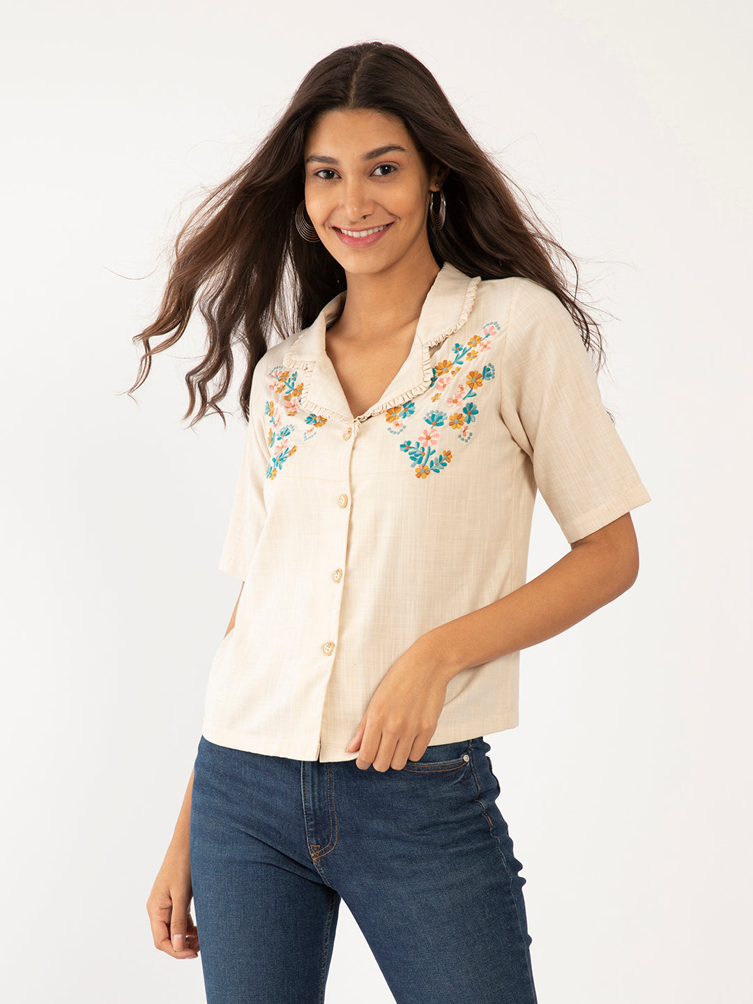 Cream Embroidered Top For Women