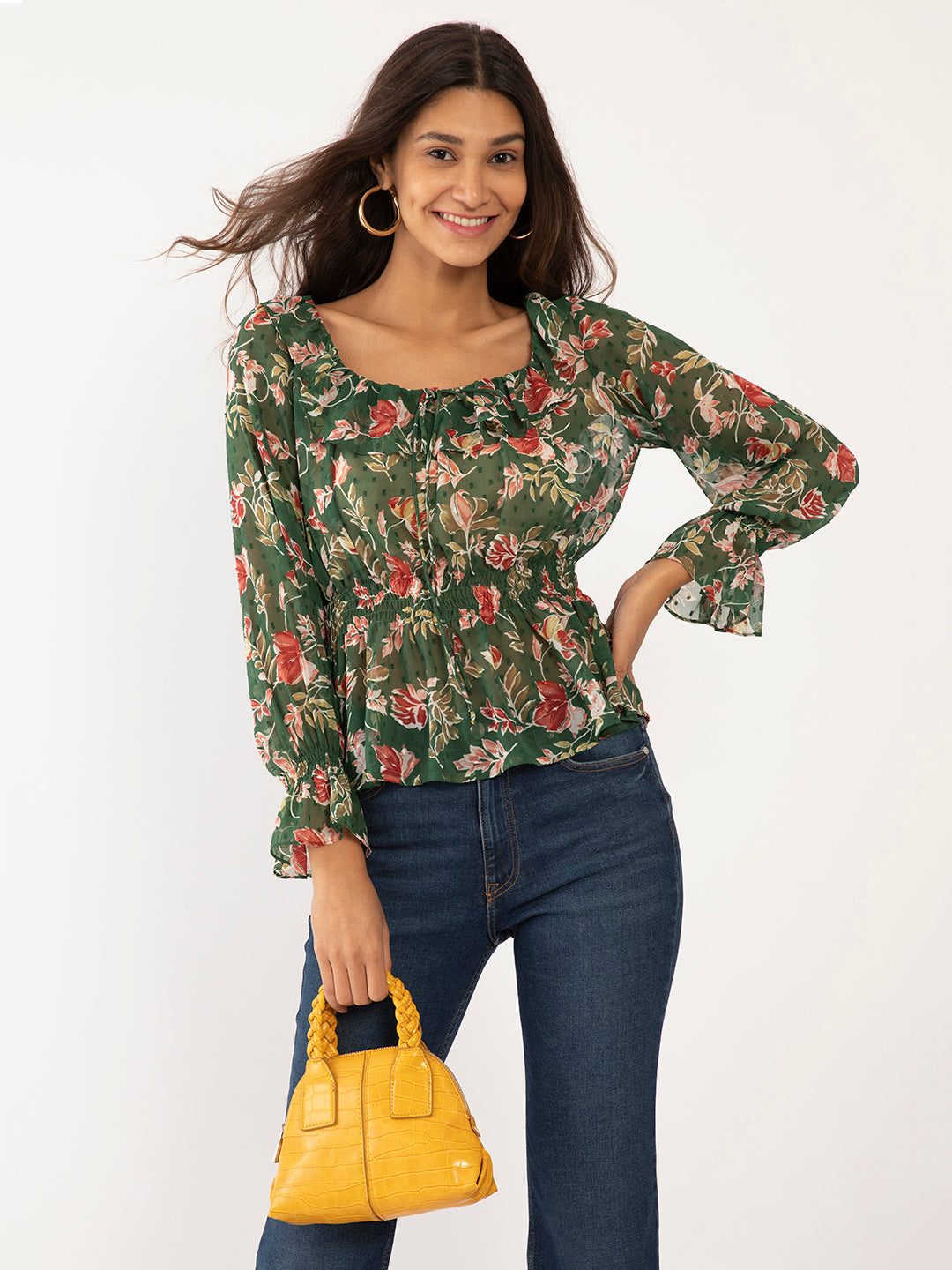 Green Floral Print Ruffled Top