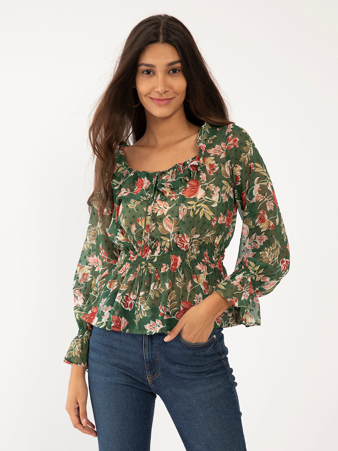 Green Floral Print Ruffled Top