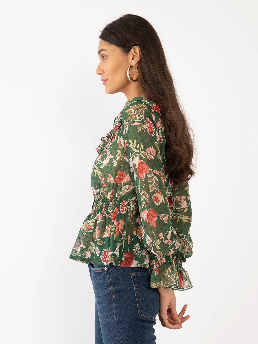 Green Floral Print Ruffled Top