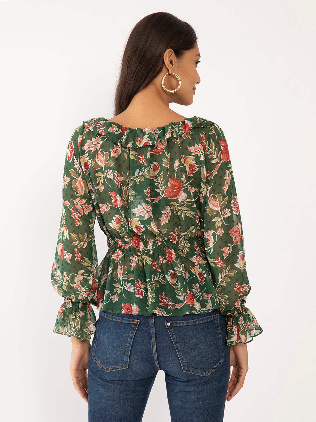 Green Floral Print Ruffled Top