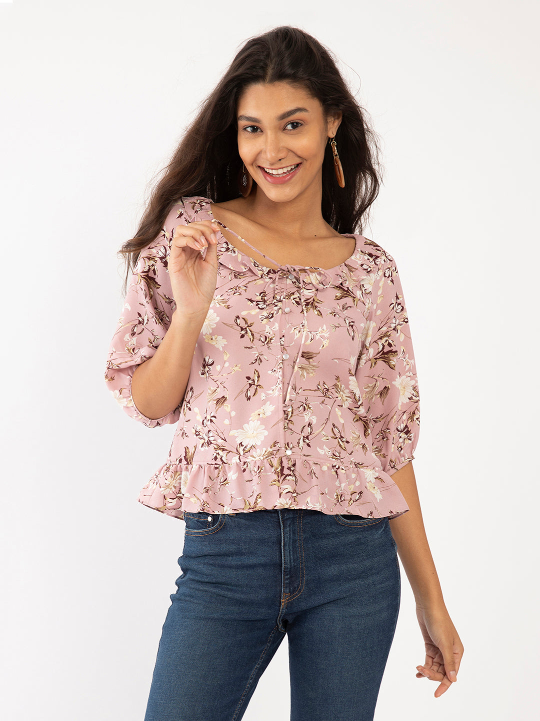Pink Floral Print Ruffled Top For Women