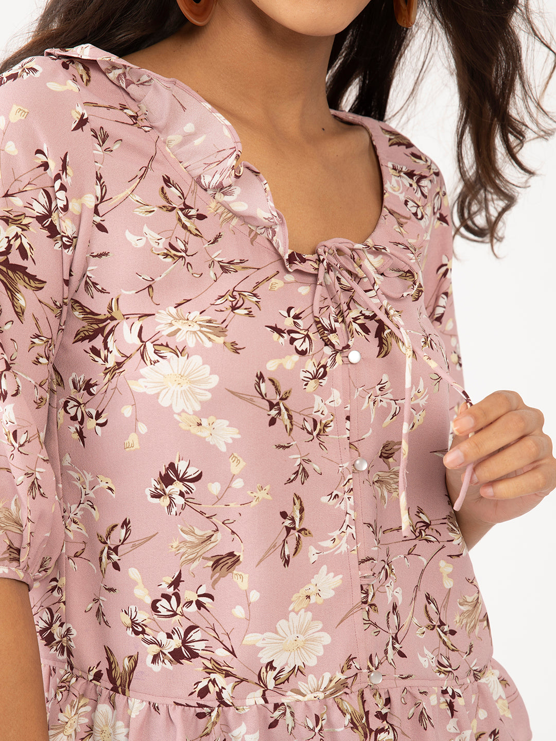 Pink Floral Print Ruffled Top For Women