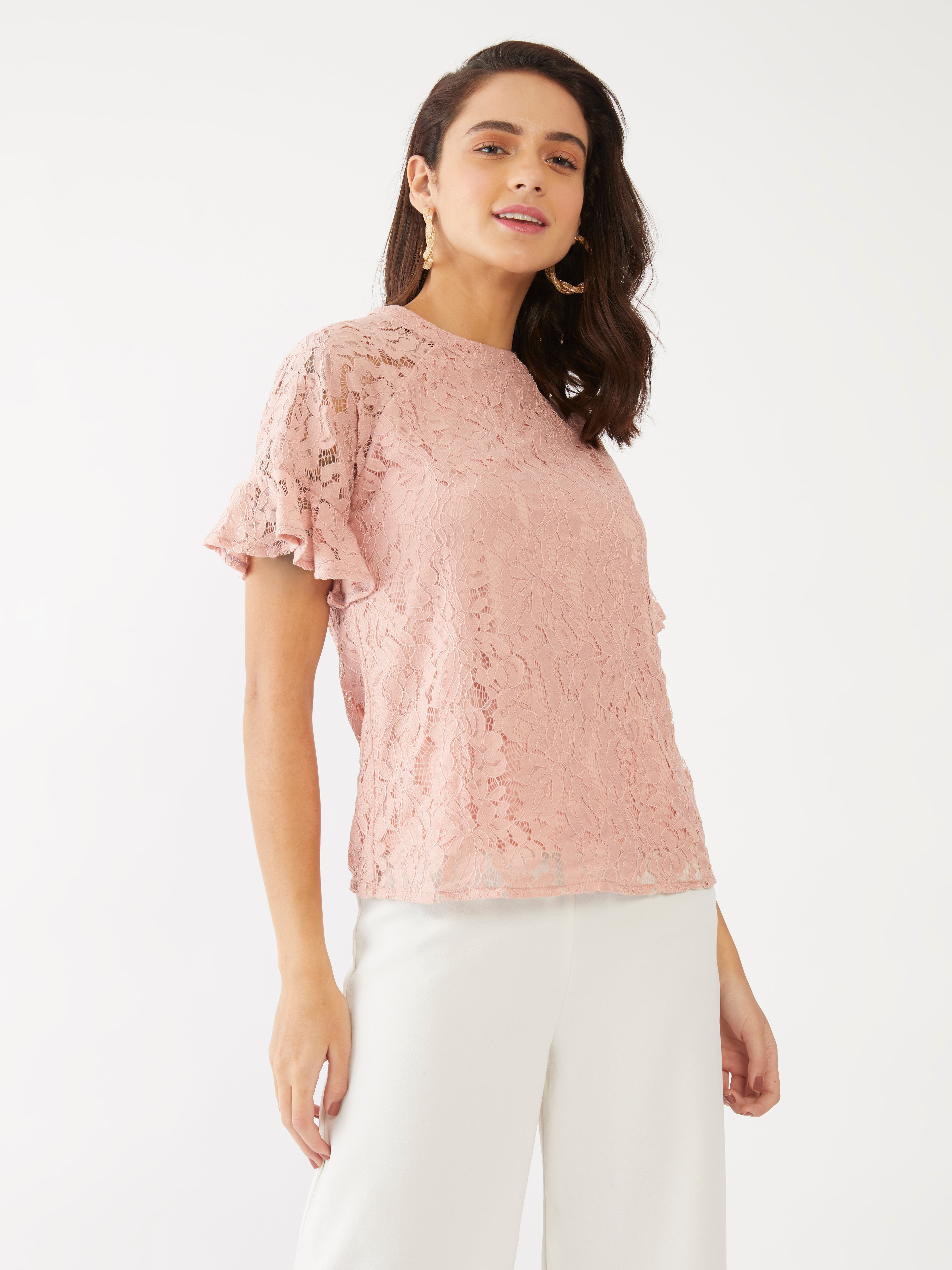 Pink Lace Flared Sleeve Top