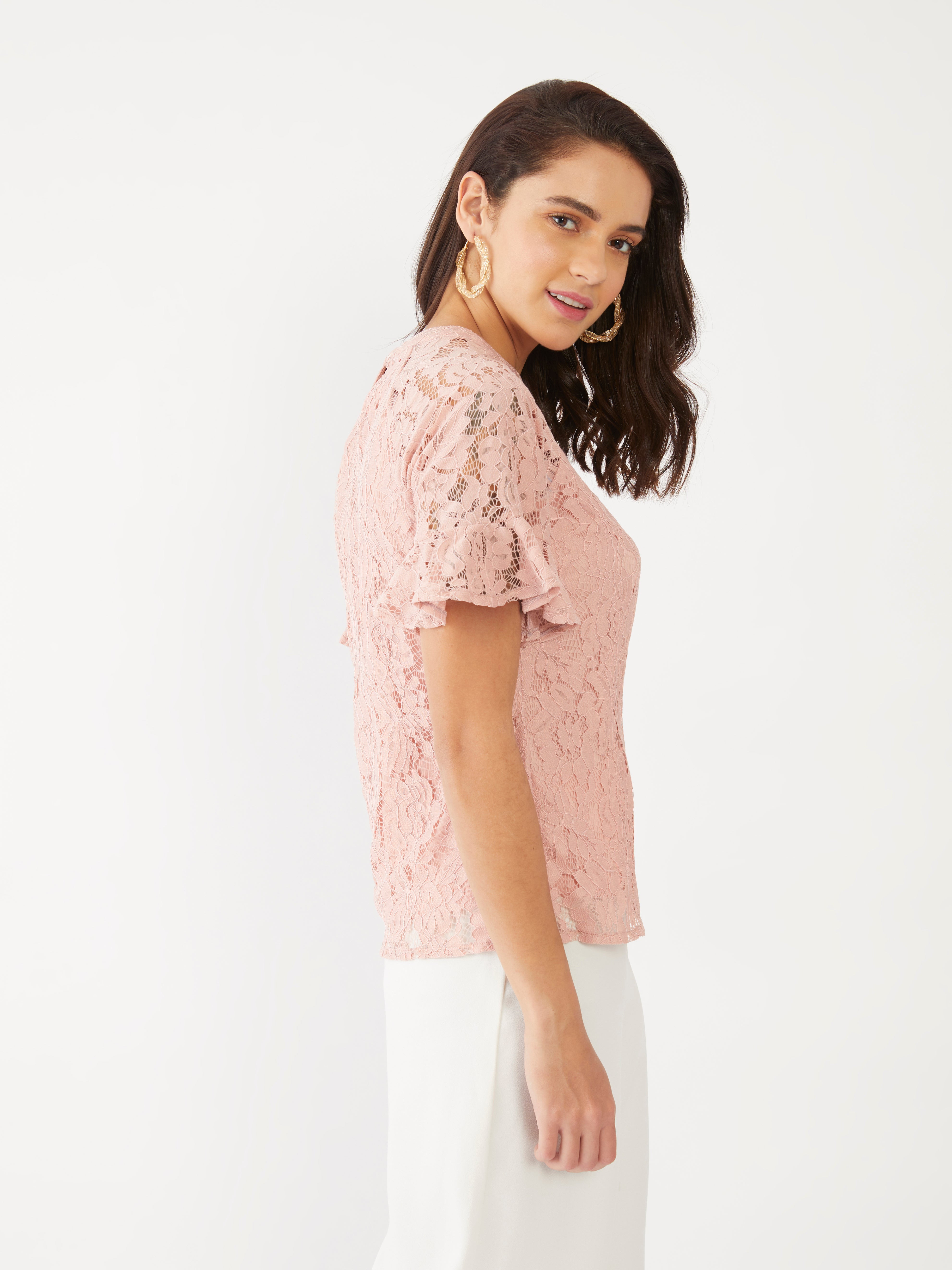 Pink Lace Flared Sleeve Top