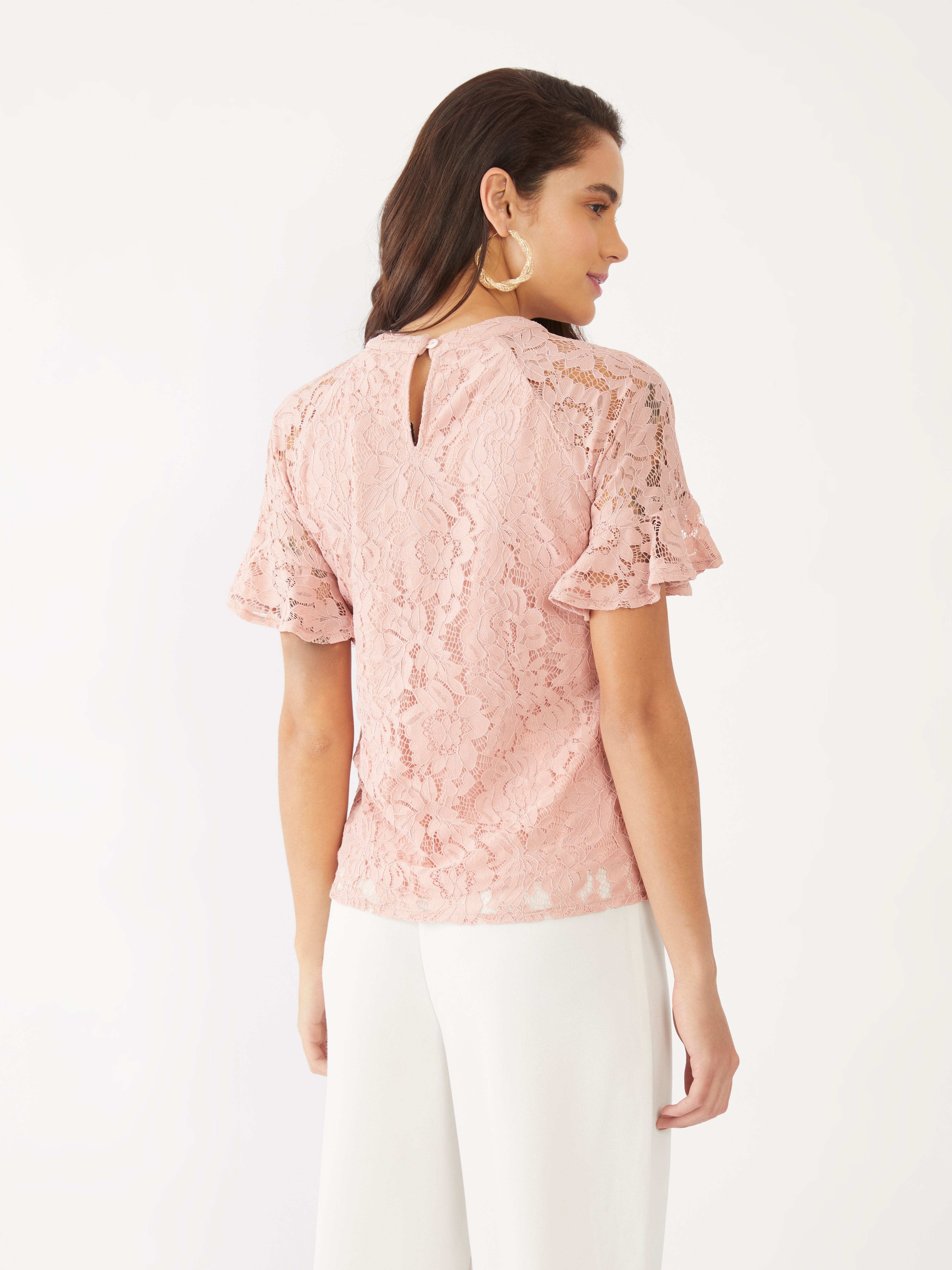 Pink Lace Flared Sleeve Top