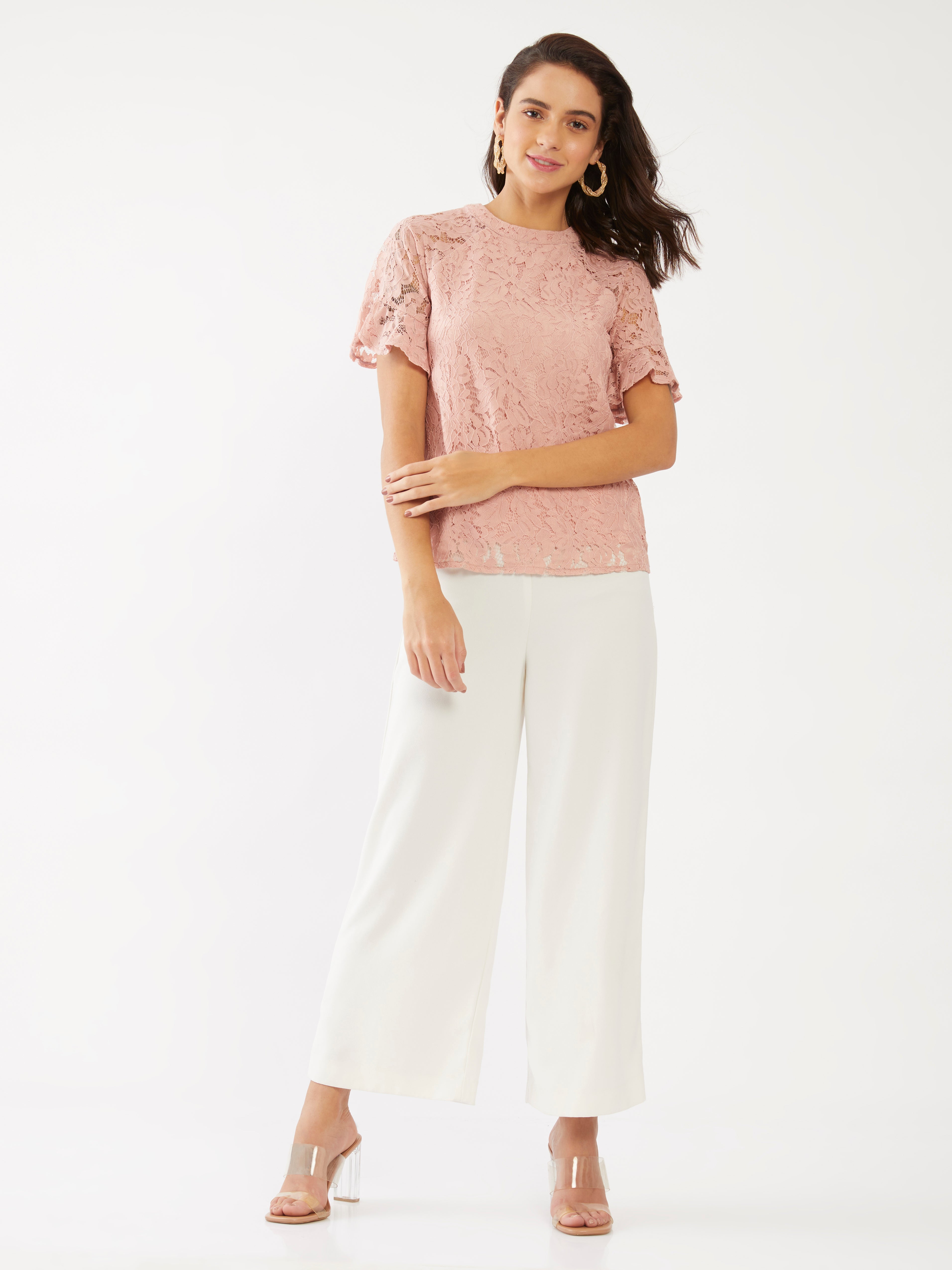 Pink Lace Flared Sleeve Top