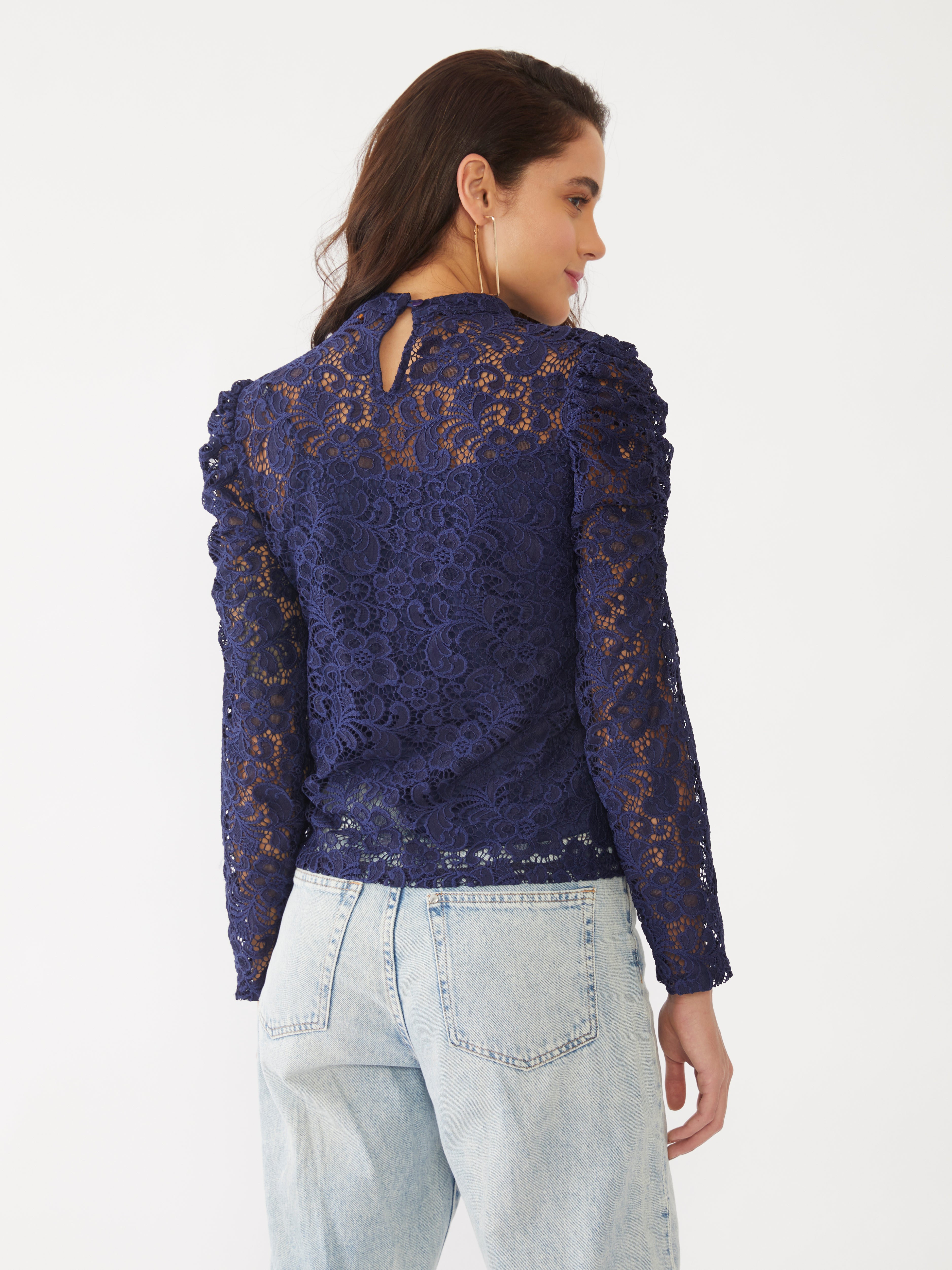 Blue Lace Puff Sleeve Top