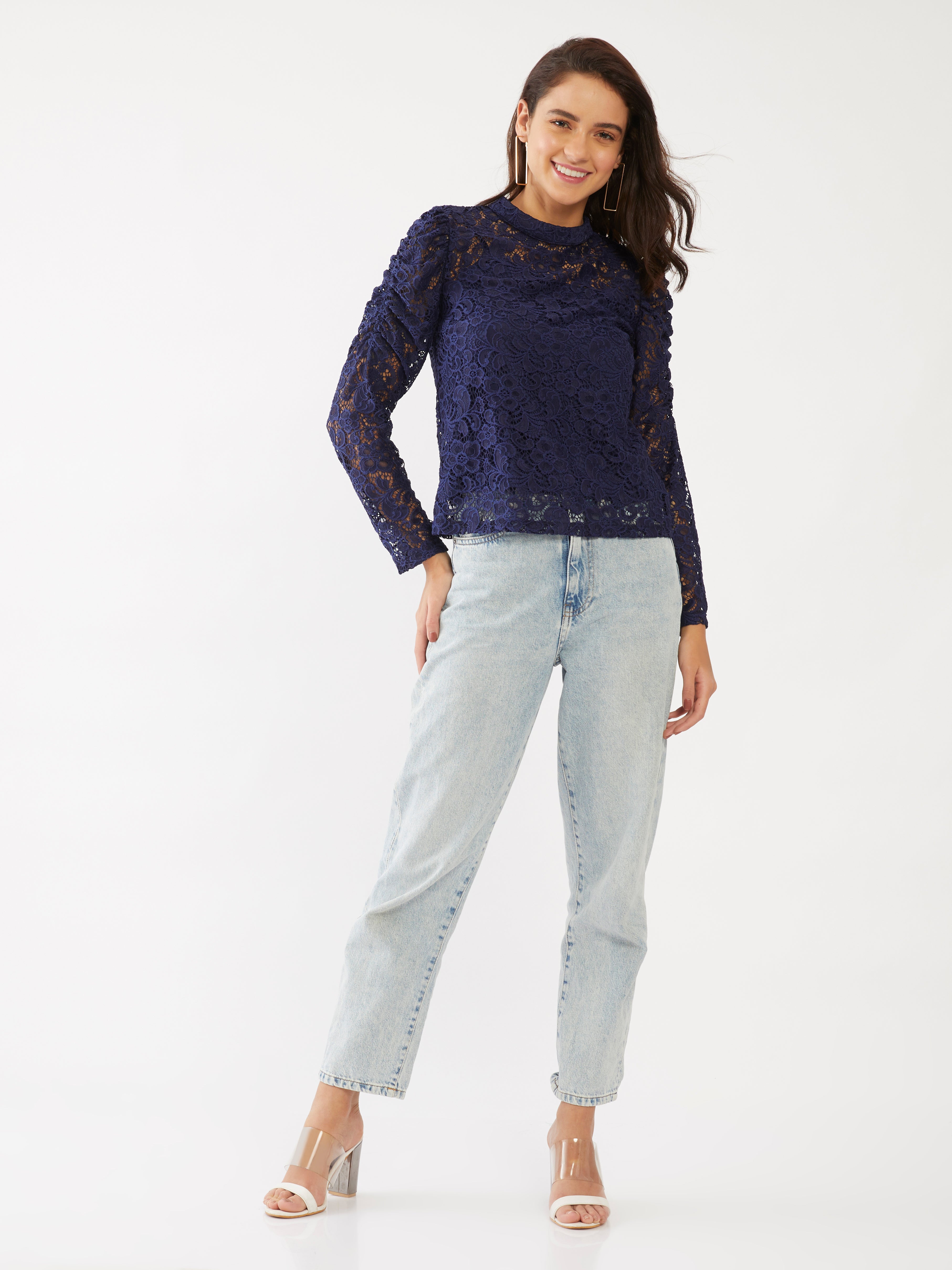 Blue Lace Puff Sleeve Top