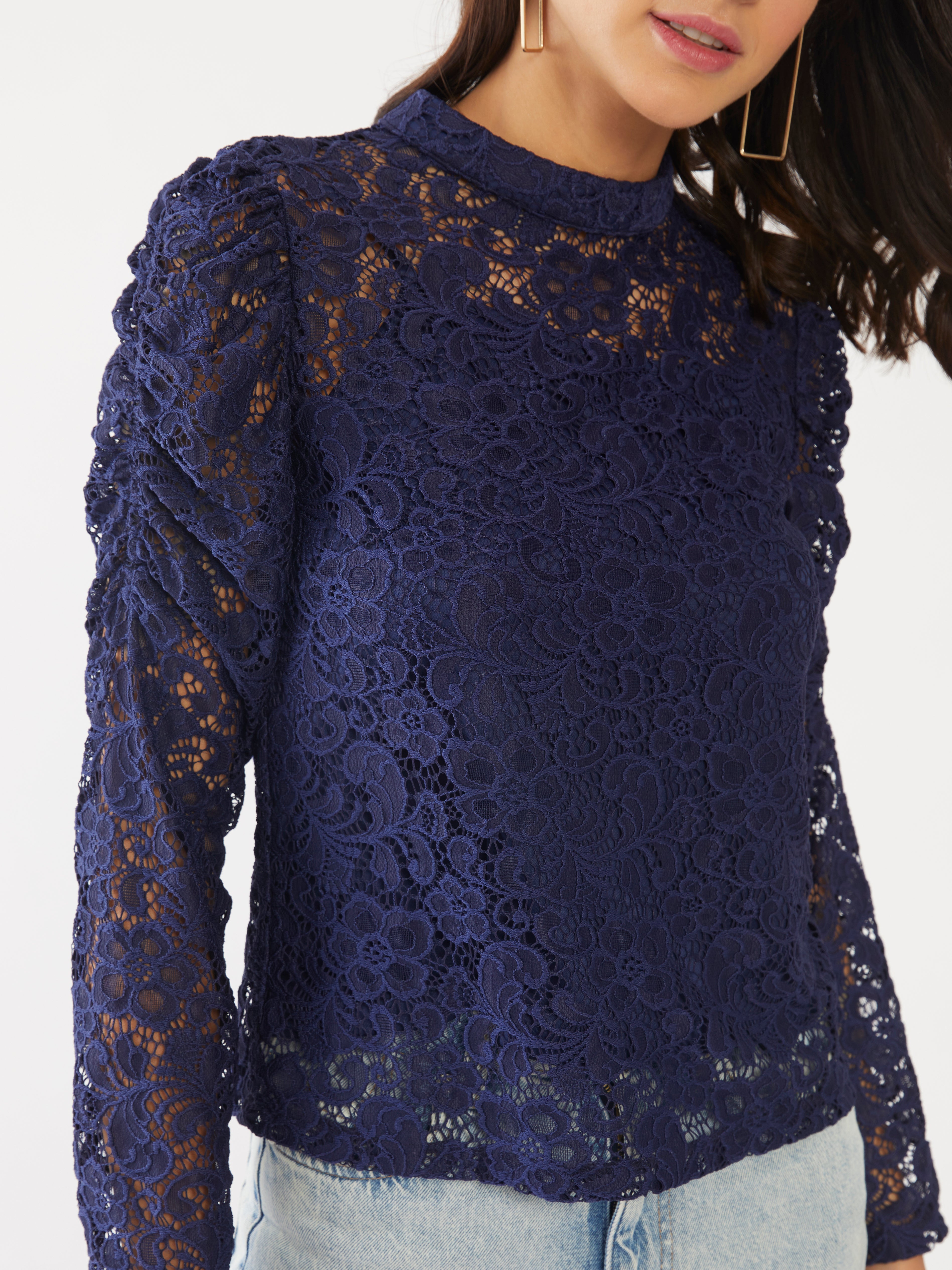 Blue Lace Puff Sleeve Top