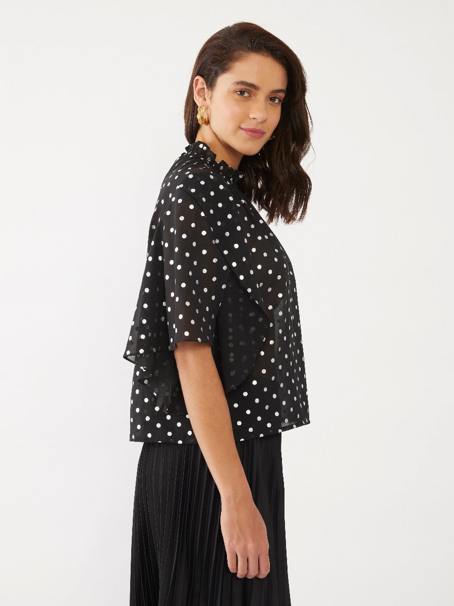 Black Polka Gathered Top For Women