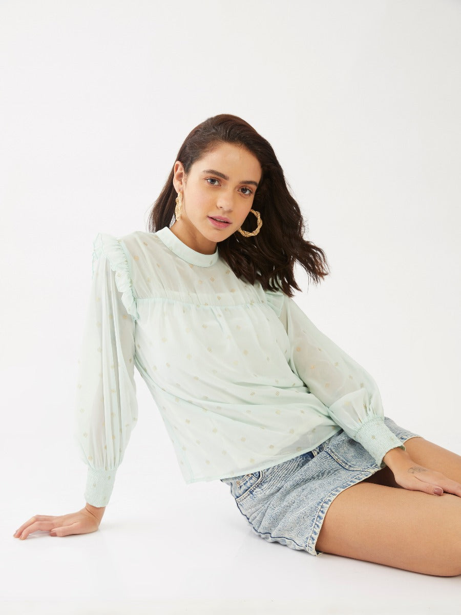 Green Polka Ruffled Top