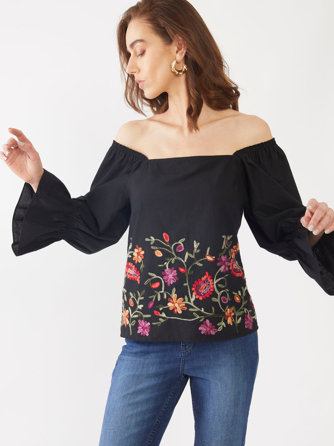 Black Embroidered Straight Top