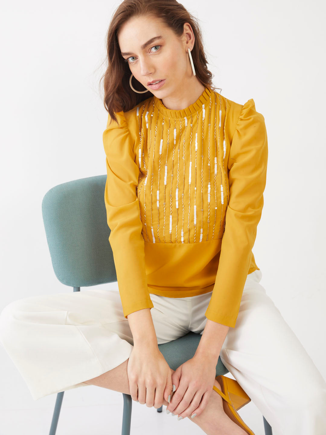 Yellow Embellished Puff Sleeve Top