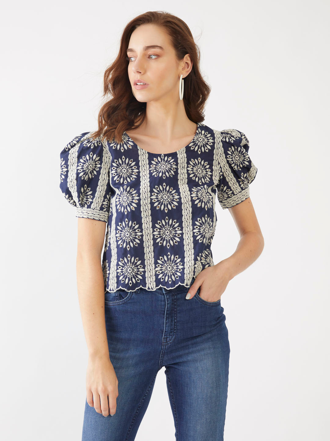 Blue Embroidered Straight Top