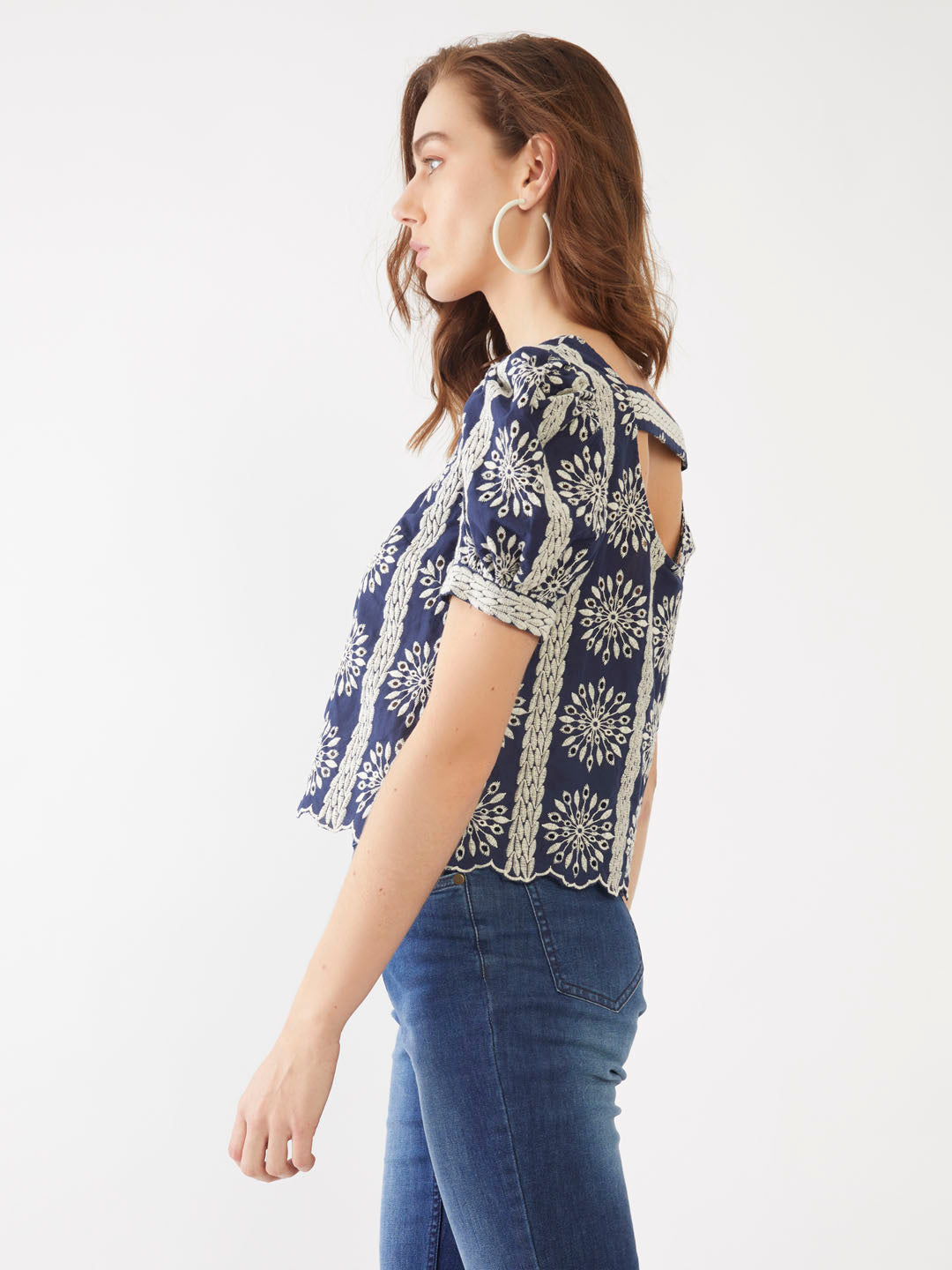 Blue Embroidered Straight Top