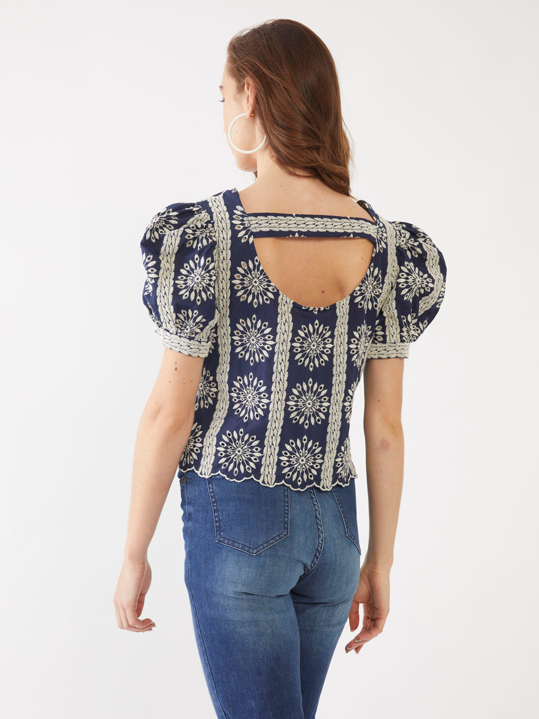 Blue Embroidered Straight Top