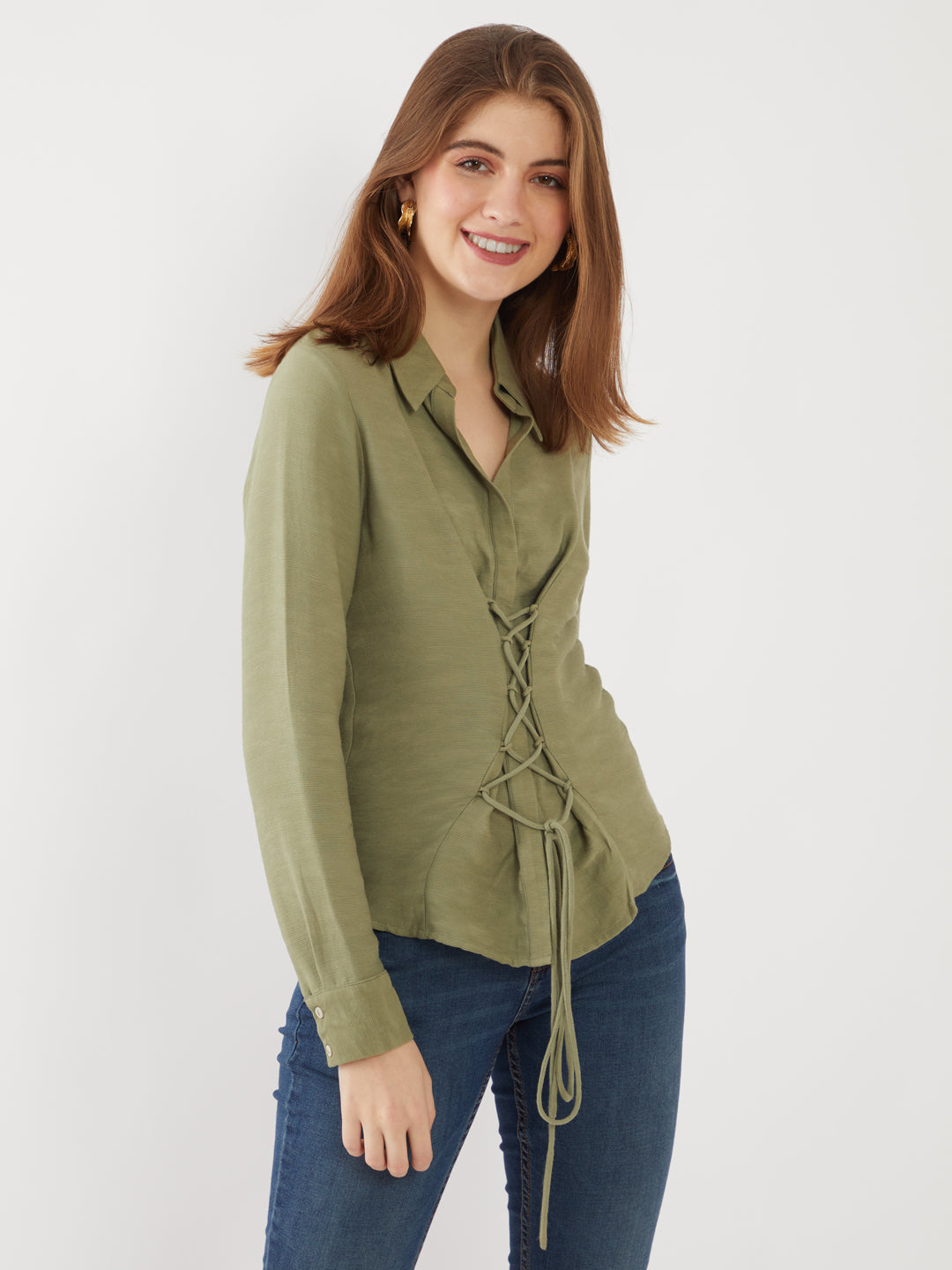 Green Solid Tie-Up Shirt