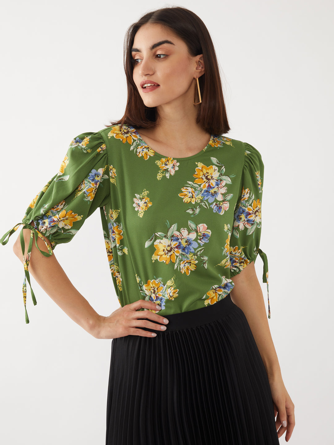 Green Printed Puff Sleeve Top For Women