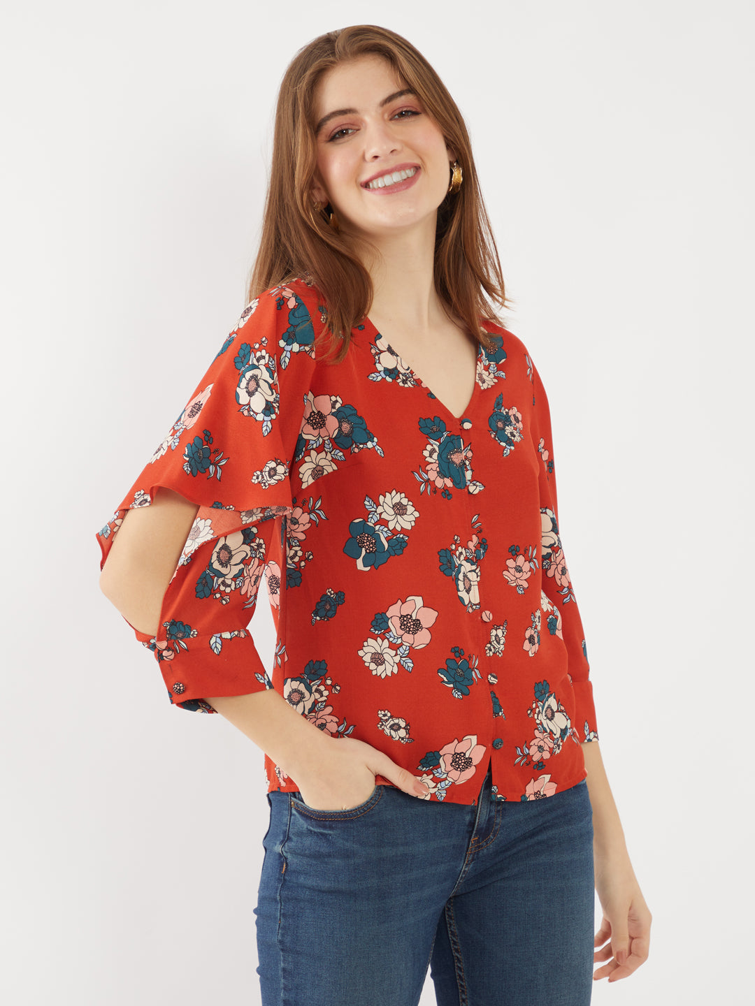 Red Printed Flared Sleeve Top For Women