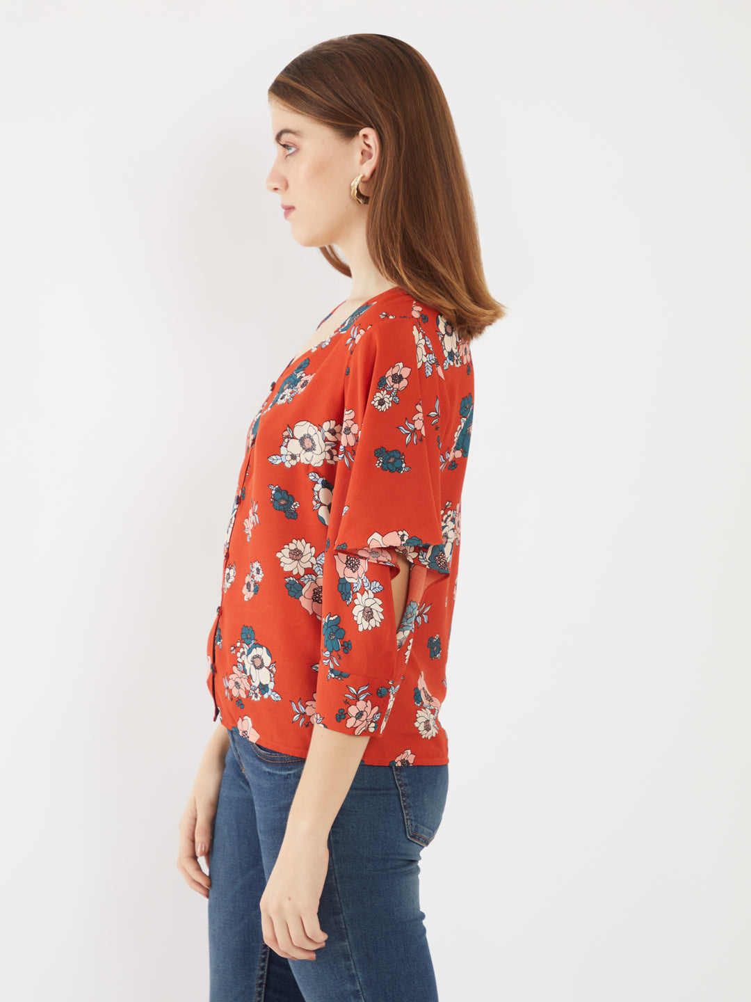Red Printed Flared Sleeve Top For Women